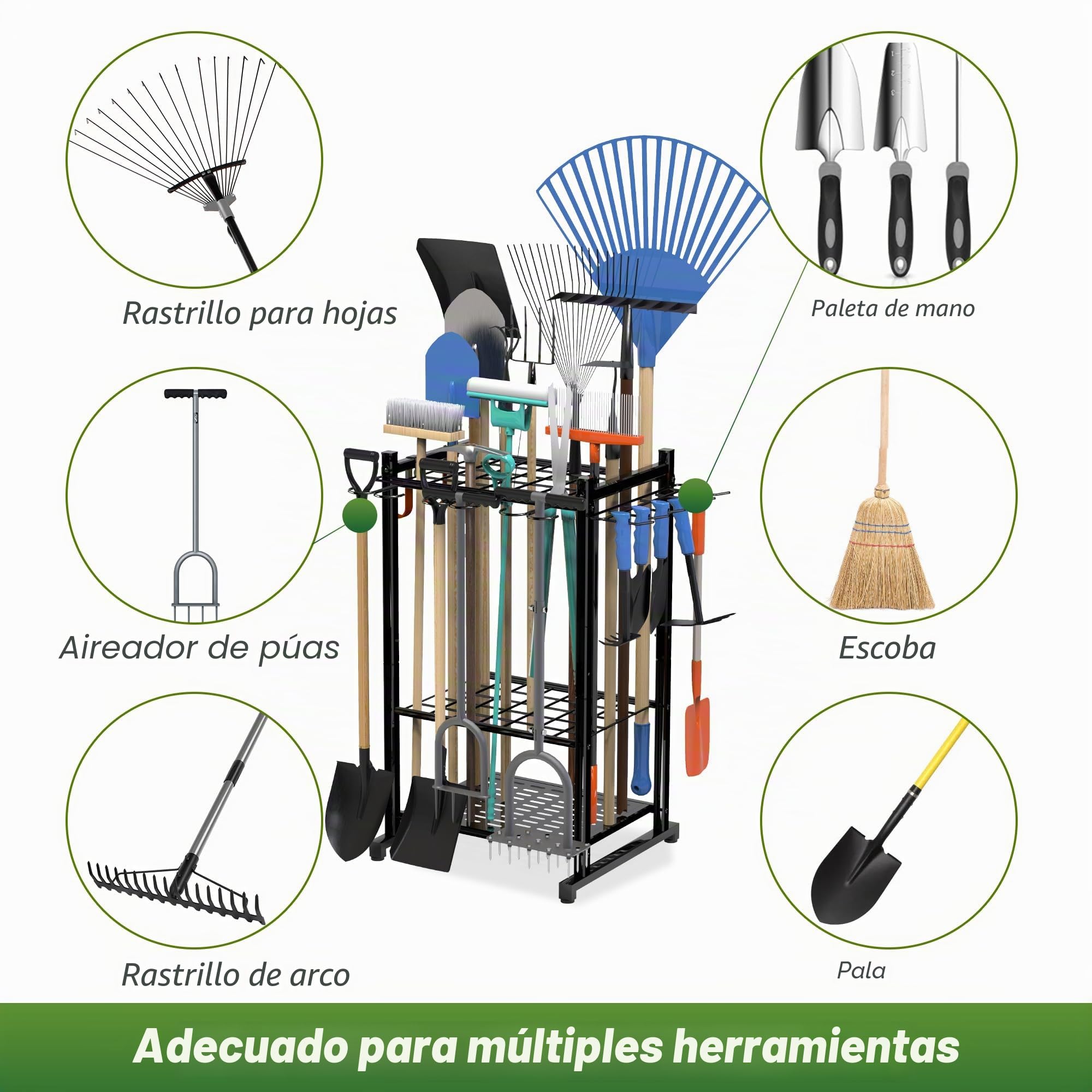 Organizador de herramientas de jardín de hasta 50 herramientas, organizador de herramientas de acero resistente para guardar en el garaje con 11 ganchos, soporte para escoba y estante de herramientas