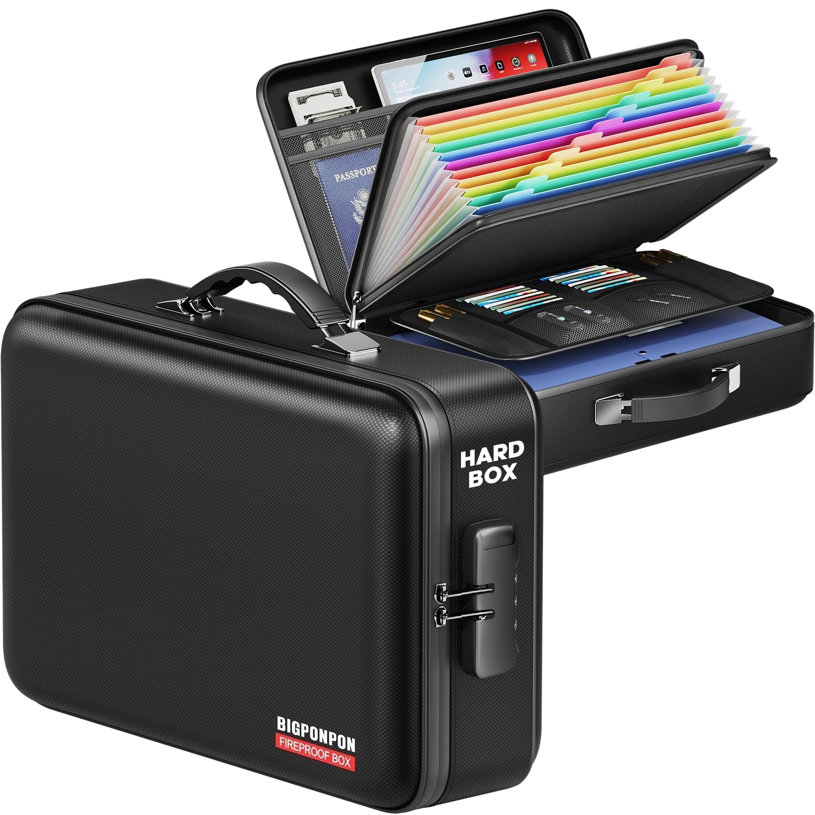 BigPonPon Fireproof Document Box, Hard Case Highly Flame-Resistant Fire Proof Waterproof File Organizer with Lock, Portable Fire Safe for Important Documents & Valuables Storage (Black, ‎16"*12"*5")
