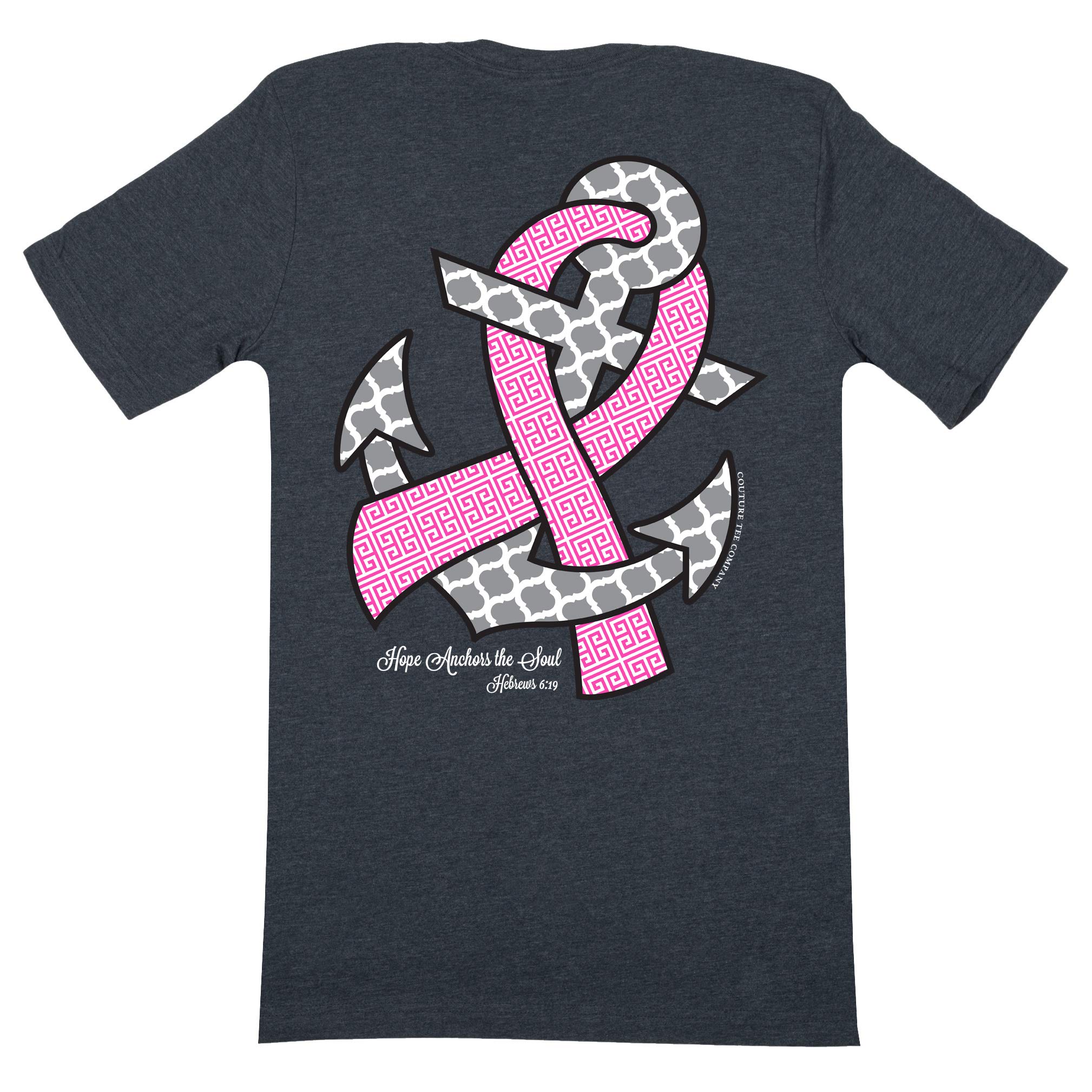 Couture Tee Company Hope Anchors Breast Cancer Ribbon Glitter Ink Scripture Christian Womens Classic Fit T-Shirt
