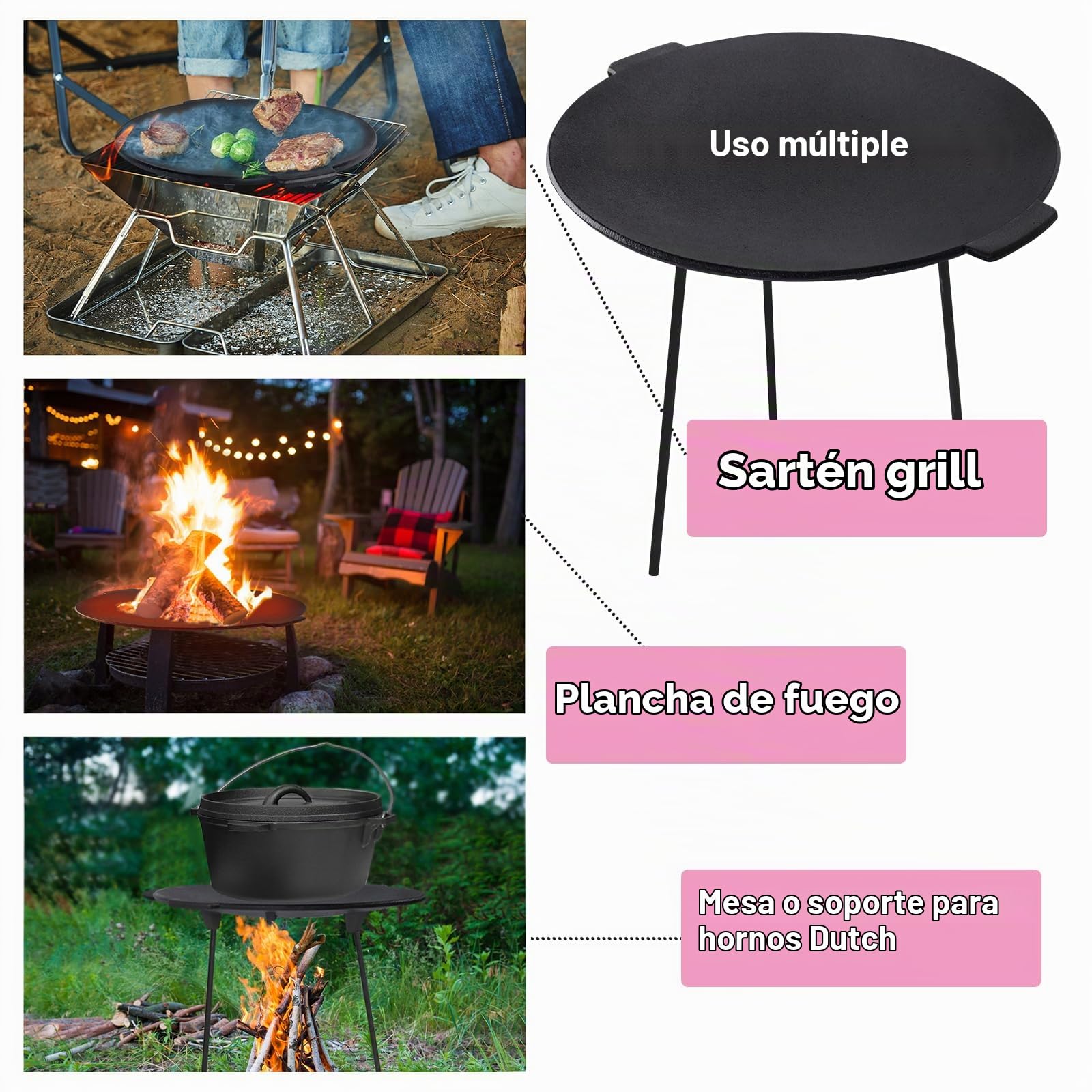 YUENFONG Sartén de hierro fundido con placa de parrilla de 3 patas Barbacoa de hierro fundido Ø 45 cm, Soporte para horno holandés Sartén de hierro fundido fácil limpieza, para jardín de camping