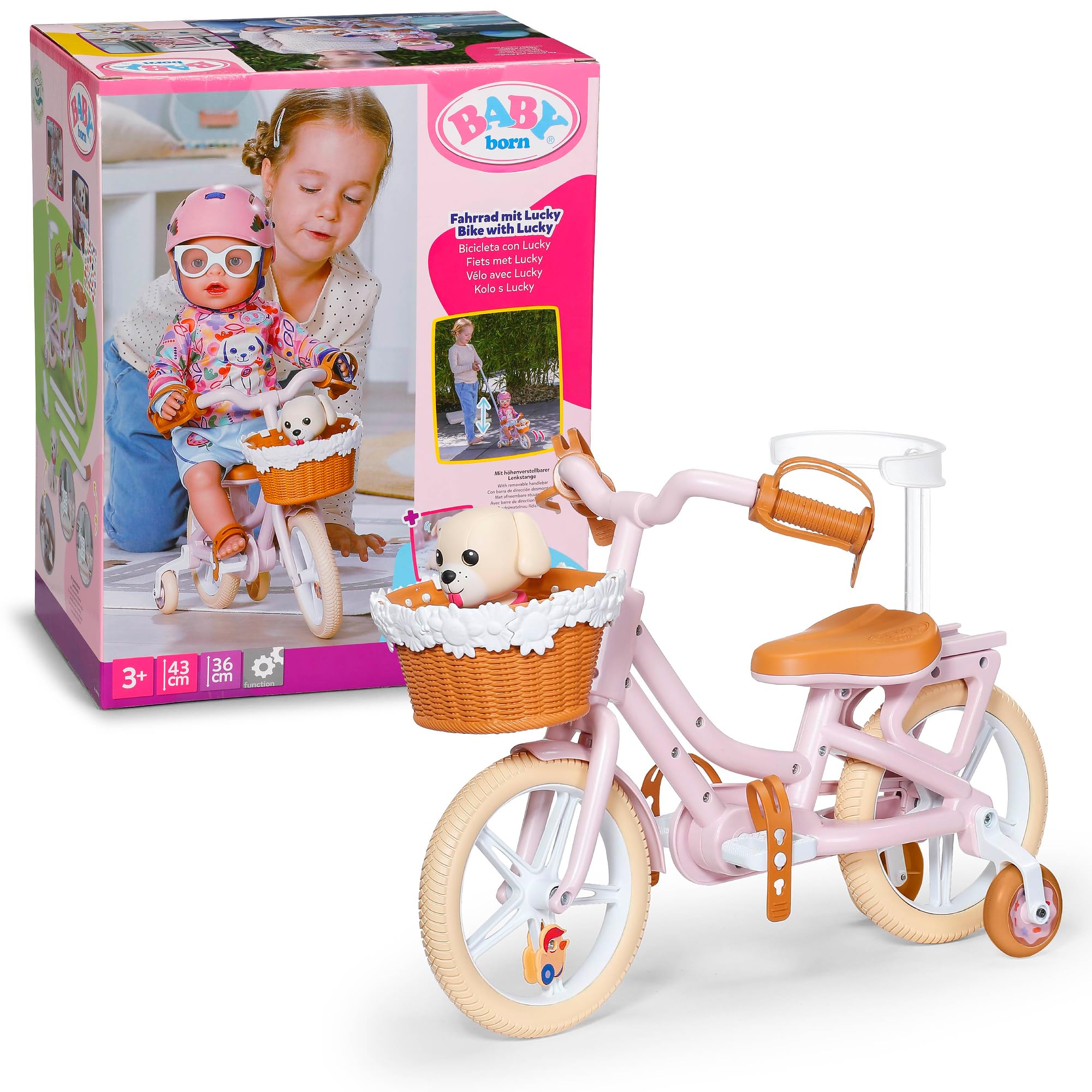 BABY born Bike with Lucky, doll bike with basket, push-along handle and stickers. Suitable for 36cm and 43cm dolls. For ages 3+