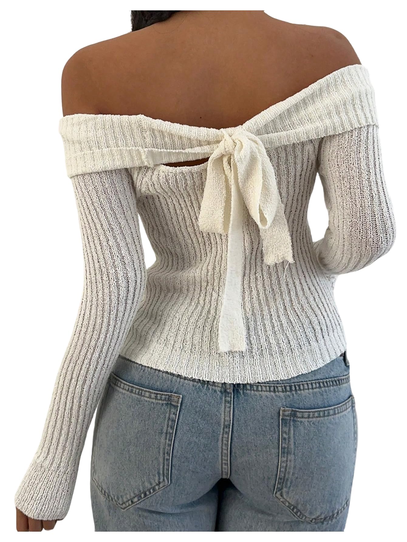MakeMeChic Womens Off The Shoulder Sweater Tie Backless Long Sleeve Y2k Pullover Crop Top