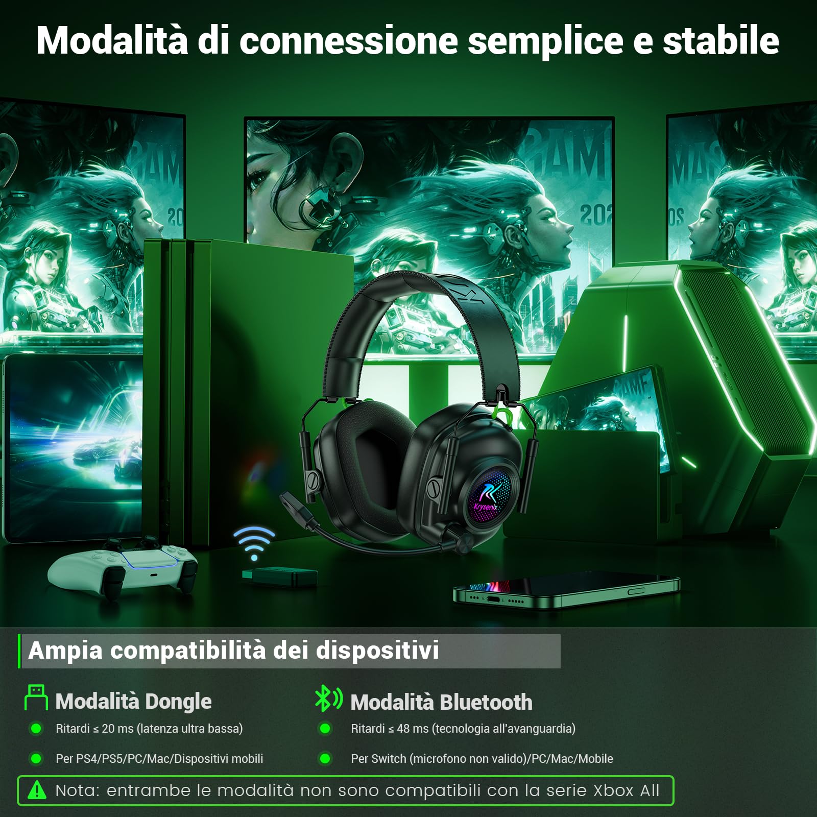 Krysenix KGH2 Cuffie Gaming Wireless, 2,4 GHz Cuffie Gaming per PS4, PS5, PC, Mac, Switch, Cuffie Bluetooth con microfono, Cancellazione del Rumore, Nero