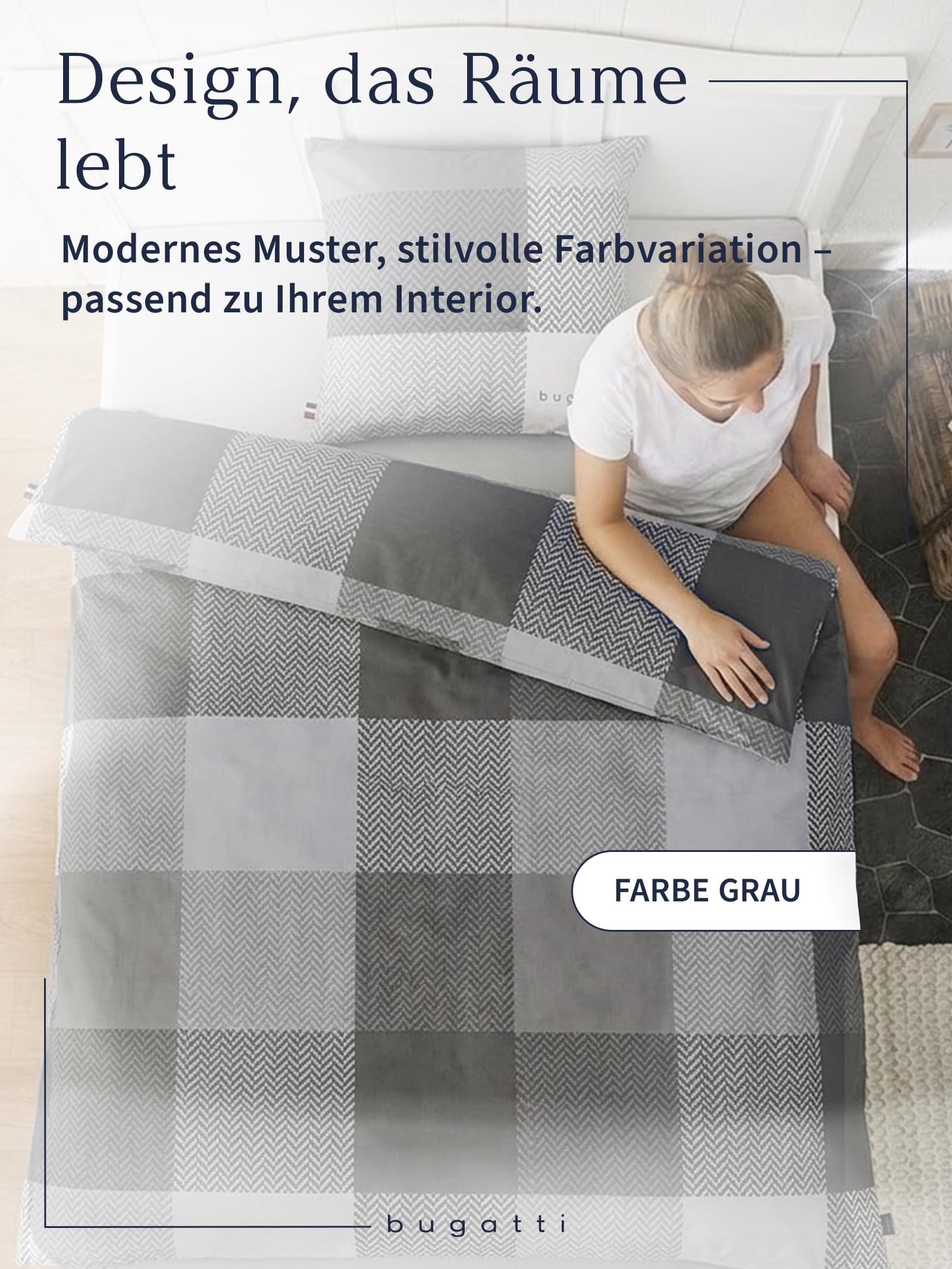 bugatti 2in1 Bettwäsche 135x200 cm - 100% Baumwolle Satin-Flanell Kombibettwäsche, Reißverschluss, anschmiegsam, weich & waschbar, Bettbezug grau Karo