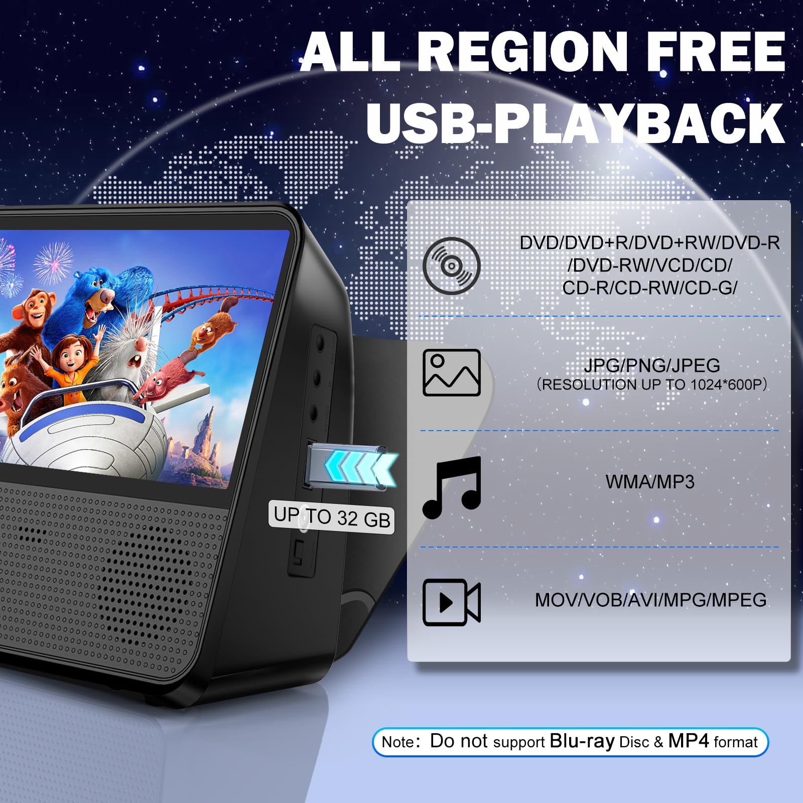 Lecteur DVD Portable Rechargeable 4000mAh, écran HD 9,8", Toutes Zones Libres, Compatible DVD/CD/Bluetooth/AUX/RCA/USB