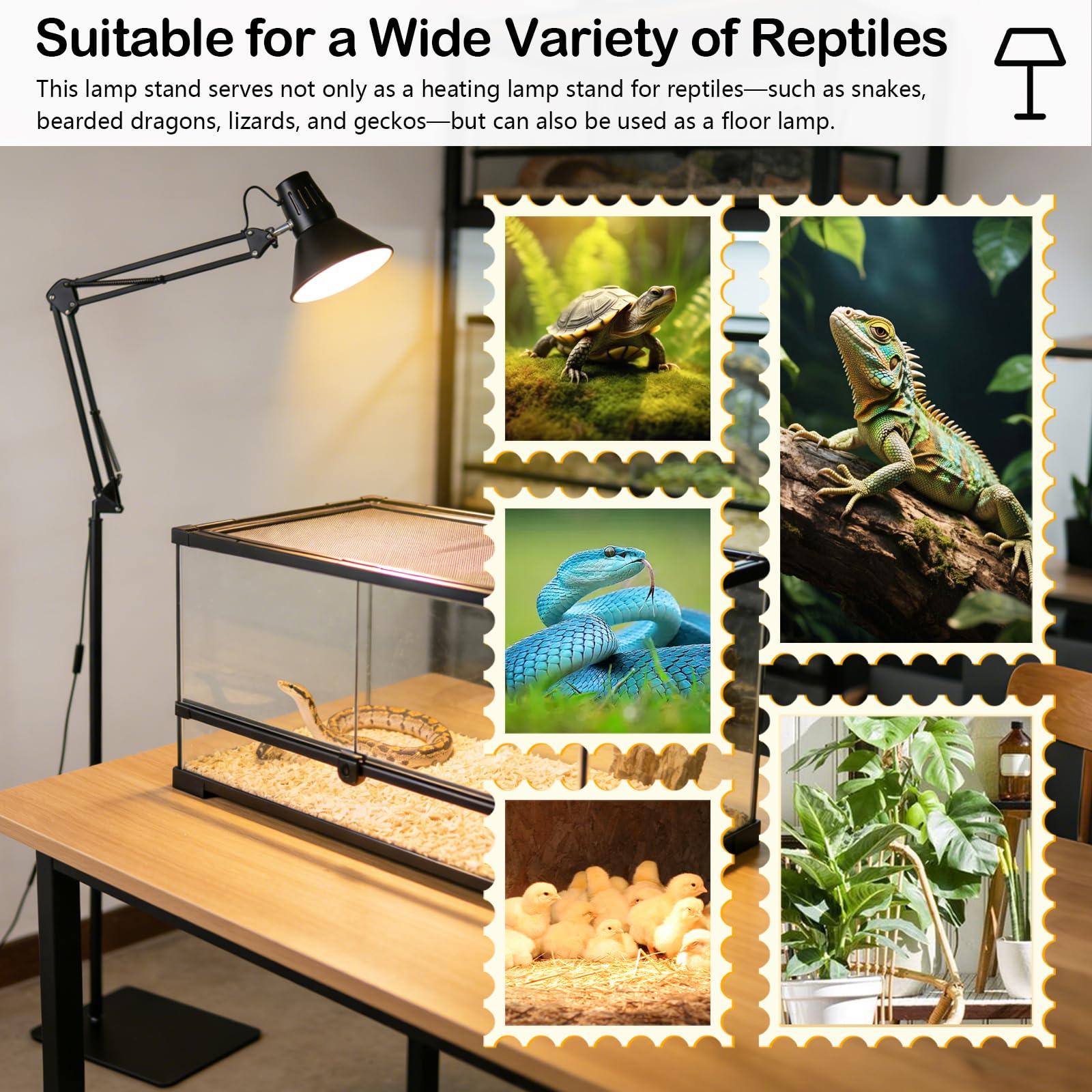 Supporto per Lampada Riscaldante per Rettili con Paralume, 40 - 180 cm Regolabile con Braccio Girevole a 360°, Supporto per Lampada da Terra Compatibile E27 per Tartaruga Acquari Terrari e Piante