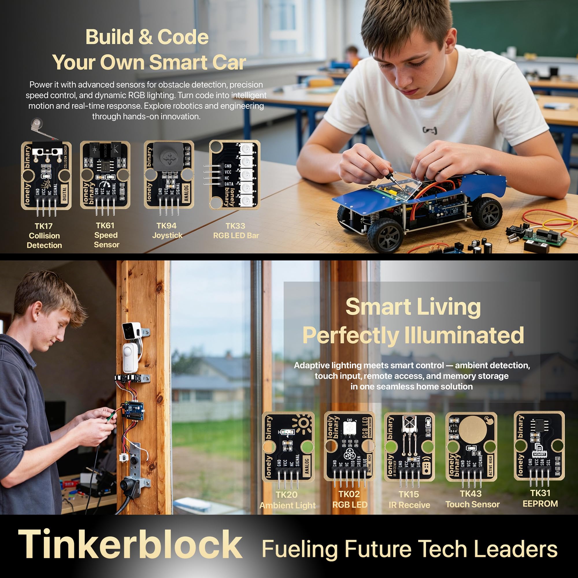 Lonely Binary TinkerBlock Kit modulo sensore 46 pezzi Gold Edition, senza piombo | con tutorial compatibile con Arduino IDE, ESP32-S3, Raspberry Pi Pico | Starter Kit prototipazione fai da te
