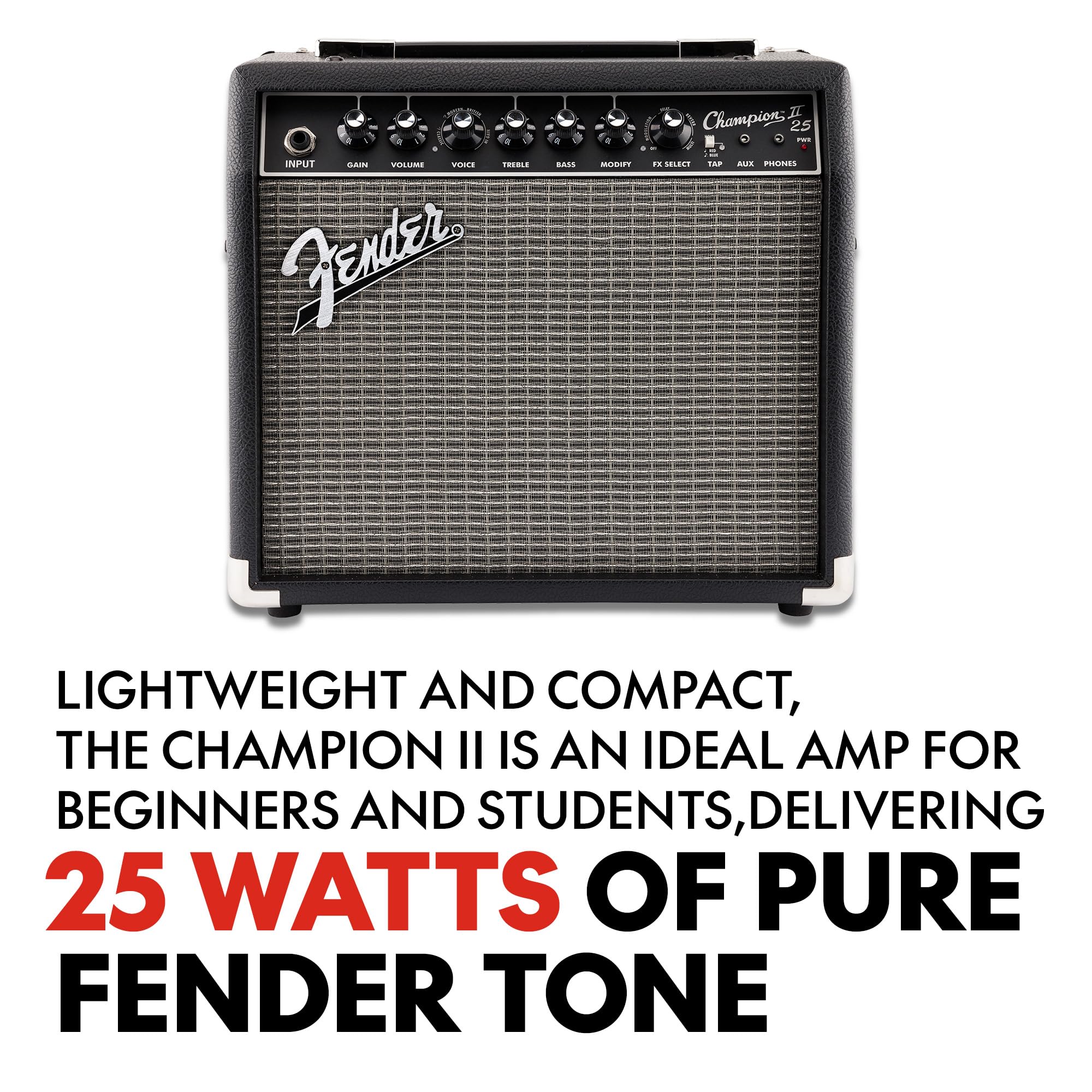 Fender Champion II 25 Gitarrenverstärker, 25 Watt, mit 2 Jahren Garantie, verfügt über 12 integrierte Effektmodelle