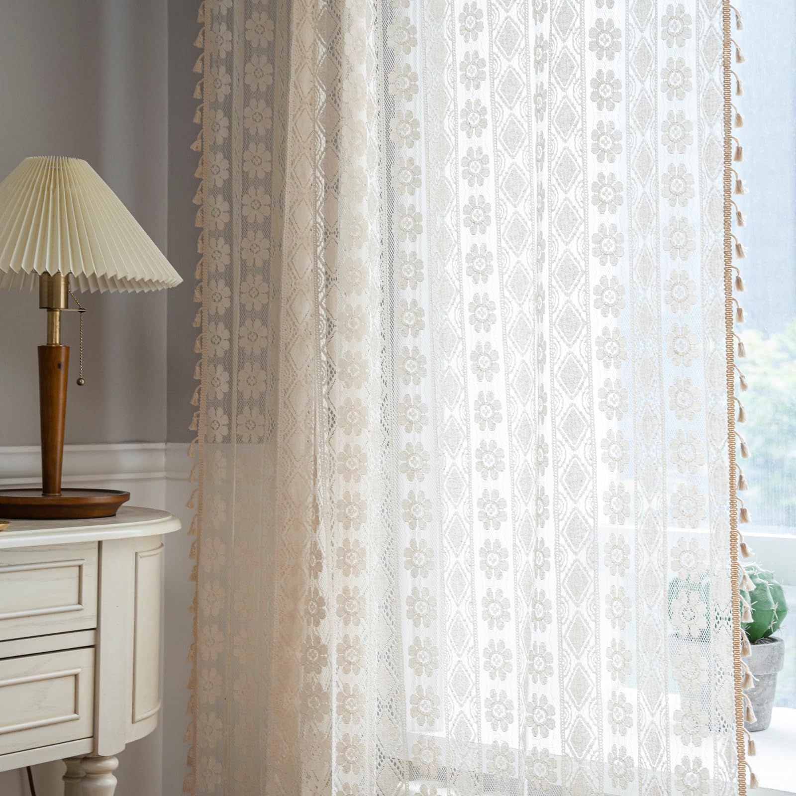 USTIDE Beige Floral Pattern Crochet Curtain with Tassels Rustic Vintage Chic Light Reducing Curtain for Bedroom Living Room 150x160cm - Image 3