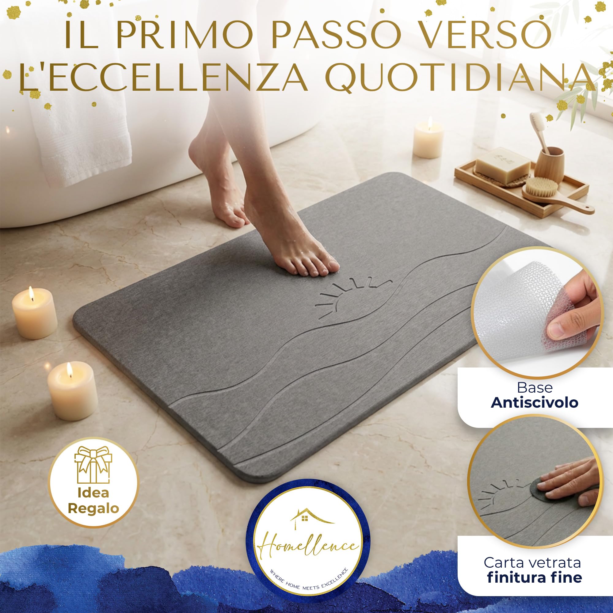Homellence Tappeto Bagno Diatomite - Tappetino Doccia Pietra 60x39 cm | Tappeto Bagno - Tappetino Pietra Asciugatura Rapida Assorbente Antiscivolo Antibatterico - Stone Bath Mat (Solaris Aura)