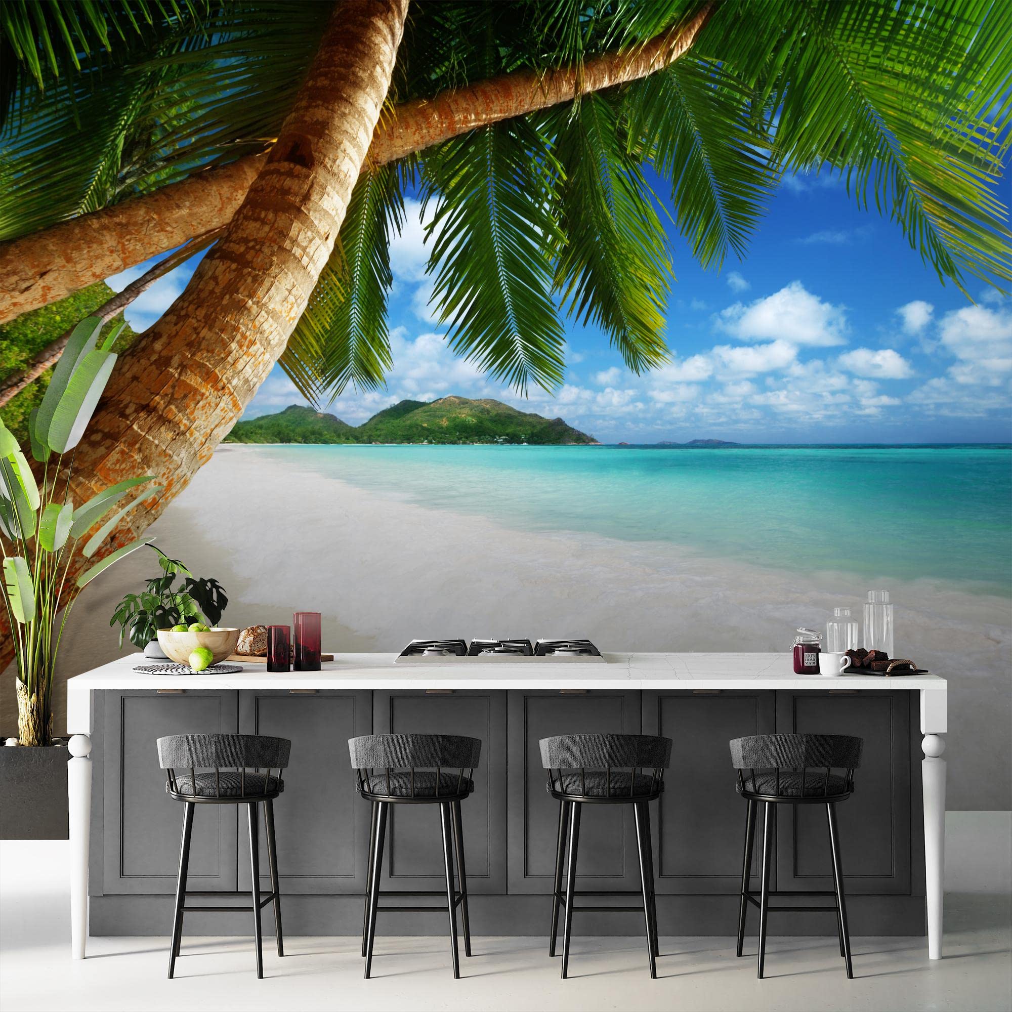 Runa Art Carta da parati fotografica 396 x 280 cm Spiaggia e mare palma | Vello Decorazione Murale Soggiorno Camera Da Letto | Manifattura tedesca | Verde blu 9004012b