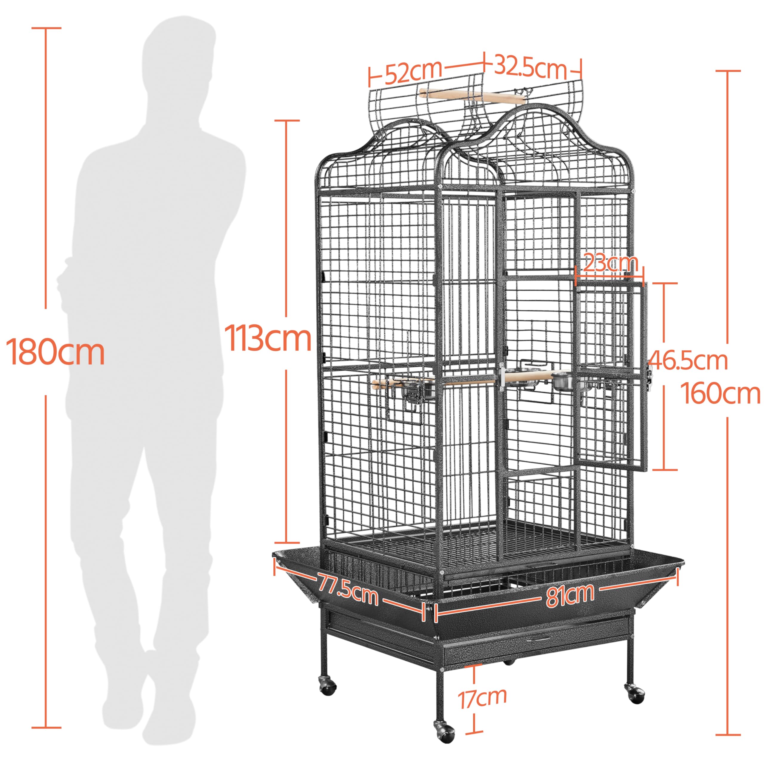 Yaheetech Cage Oiseaux Grande Voliere Interieur 81 x 77 x 160 cm Cage Perroquet avec roulettes Toit ouvrable