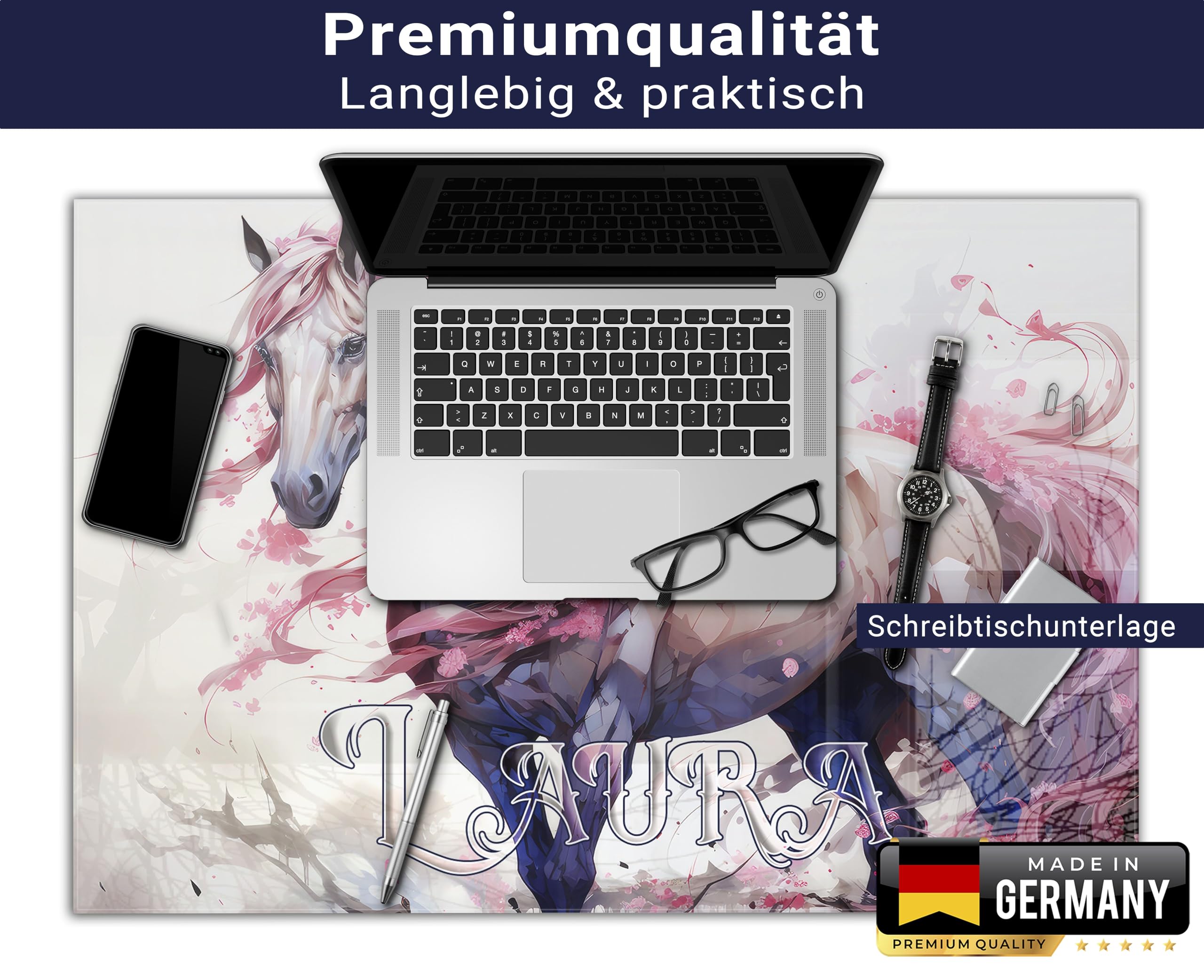 Schreibtischunterlage personalisiert mit Namen | 60 x 40 cm Pferde, Aquarell | wasserfeste Schreibunterlage, abwischbar, glatt | stabiles, hochwertiges Acrylglas, Kinder Kunststoff