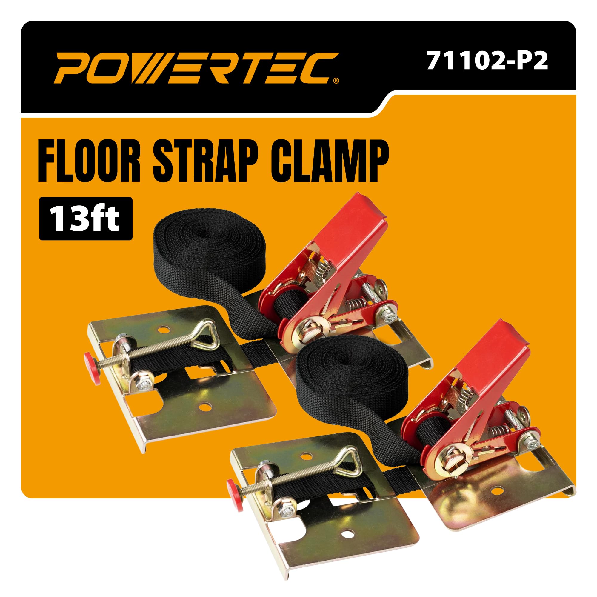 POWERTEC Wood Flooring Strap Clamp, Flooring Installation Clamp with 13ft Nylon Strap, 220 lbs Clamping Force, Fits Laminate, Tongue &amp; Groove, Hardwood Floors, Durable Metal, 2PK (71102-P2)