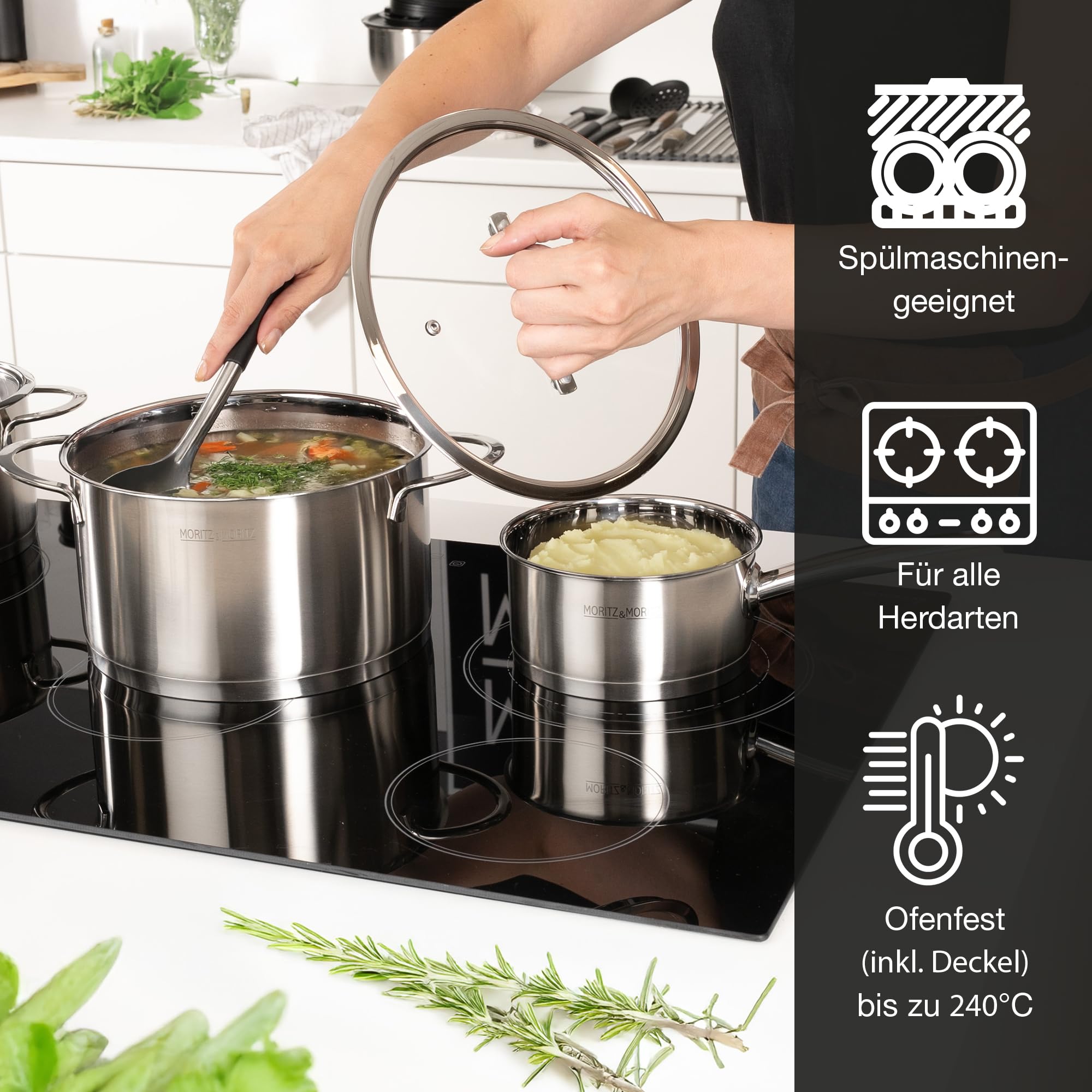 Moritz & Moritz 5-teiliges Kochtopfset inkl. 4 Glasdeckel - Edelstahl Topfset Induktion & alle Herdarten - stylische Töpfe mit Deckel & Stielkasserolle - Geeignet für Spülmaschine & Backofen