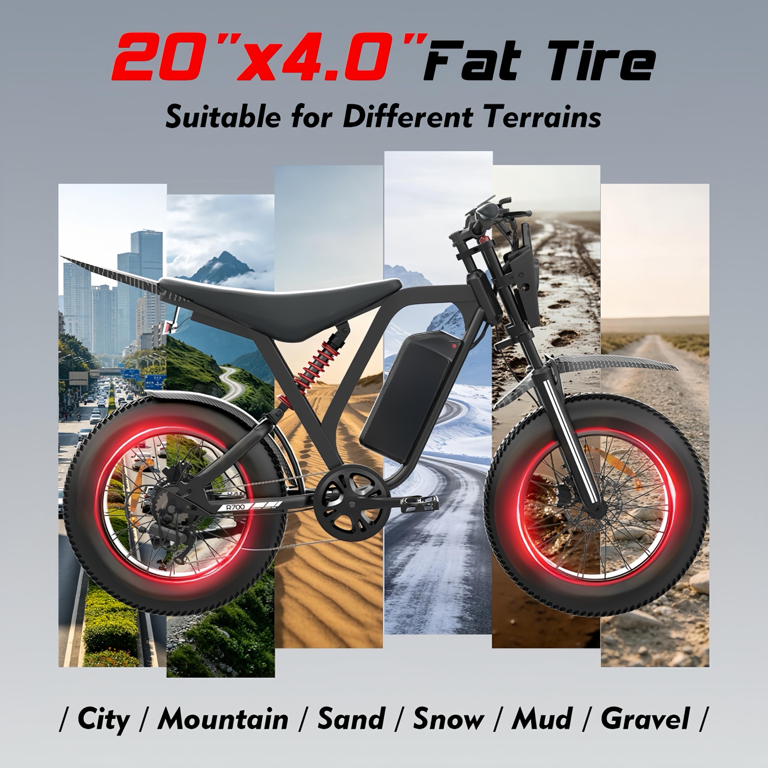 DEEPOWER R700 Bicicleta Eléctrica, Neumáticos Gruesos 20"×4.0, Batería Extraíble 52V 25Ah, Autonomía de 115 KM, 7 Velocidades, Suspensión Hidráulica Completa