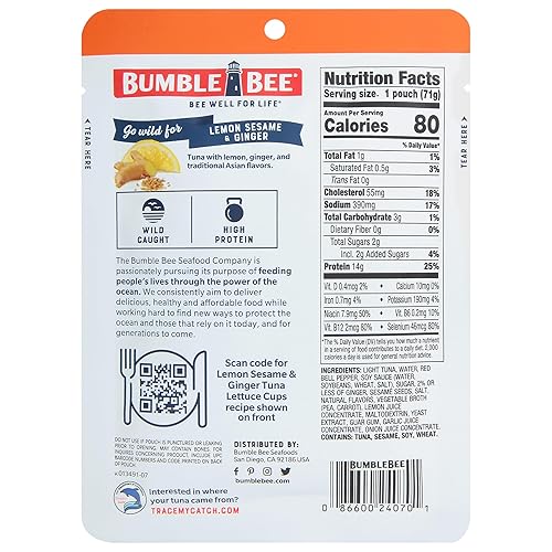 Miniatura 40 de Bumble Bee Atún sazonado con limón y pimienta, bolsas de 2.5 onzas (paquete de 12), listo para comer, bolsa de atún capturado en la naturaleza, 0.60
