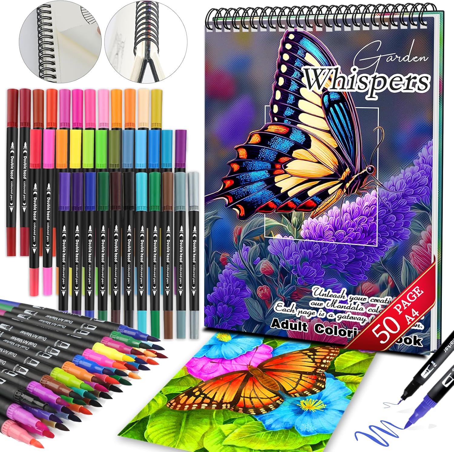 Butterfly Coloring Book for Adults: 50 Relaxing Patterns with Spiral Bound Hardcover & 36 Dual-Tip Markers - Mindfulness Arts and Crafts Gift for Women