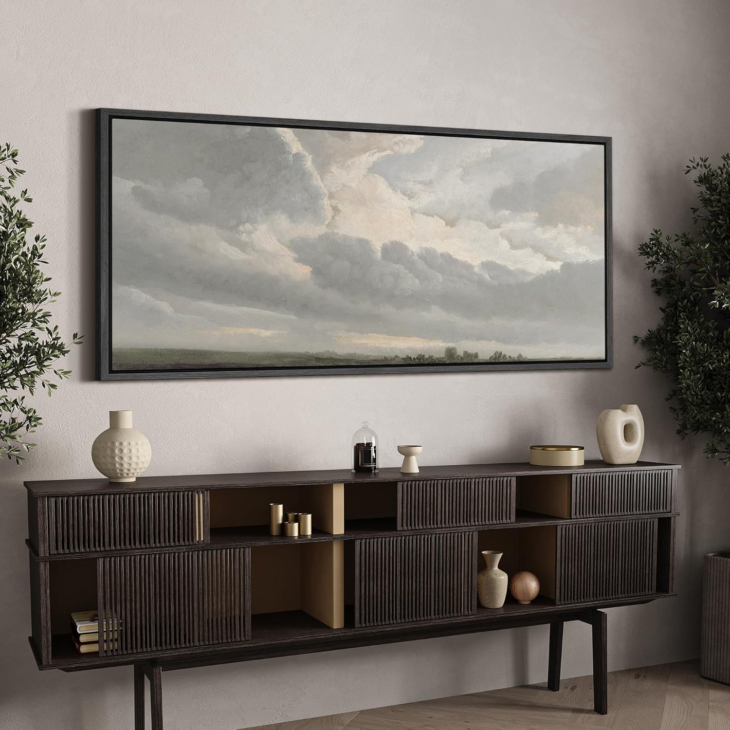 SIGNFORD Extra Large Framed Canvas Moody Gray Storm Clouds Over Horizon Atmospheric Cloudscape Illustrations Modern Art Calm Warm for Living Room, Bedroom, Office - 60"x30"