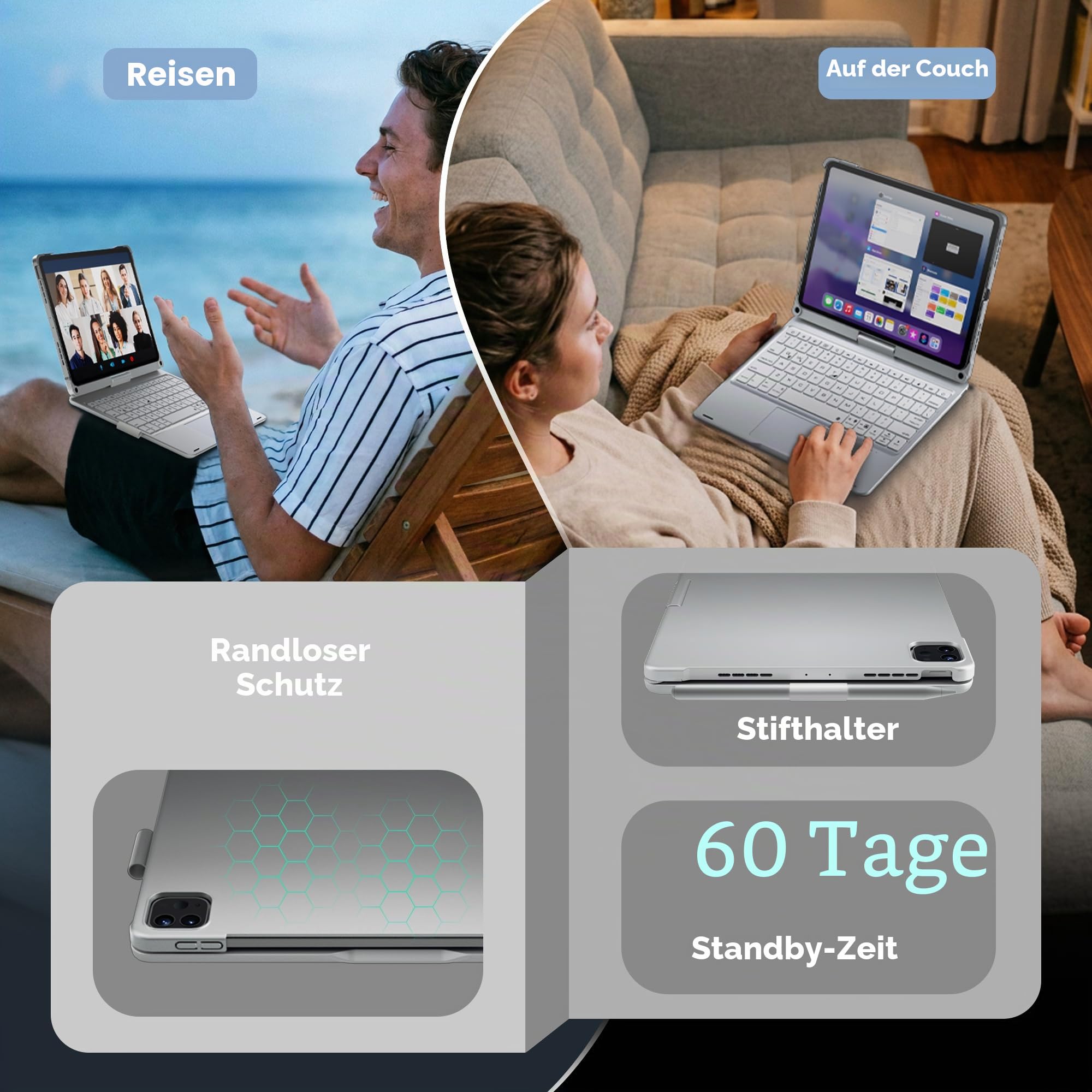 doqo iPad Air 11 & iPad Pro 11 Tastatur Hülle mit Trackpad,360° drehbar | Laptop-ähnliches Tippgefühl,Beleuchtung,kompatibel für iPad Air 11 M4/M3/M2,Air 5/4,Pro 11 (1.–4. Gen), mit Stifthalter