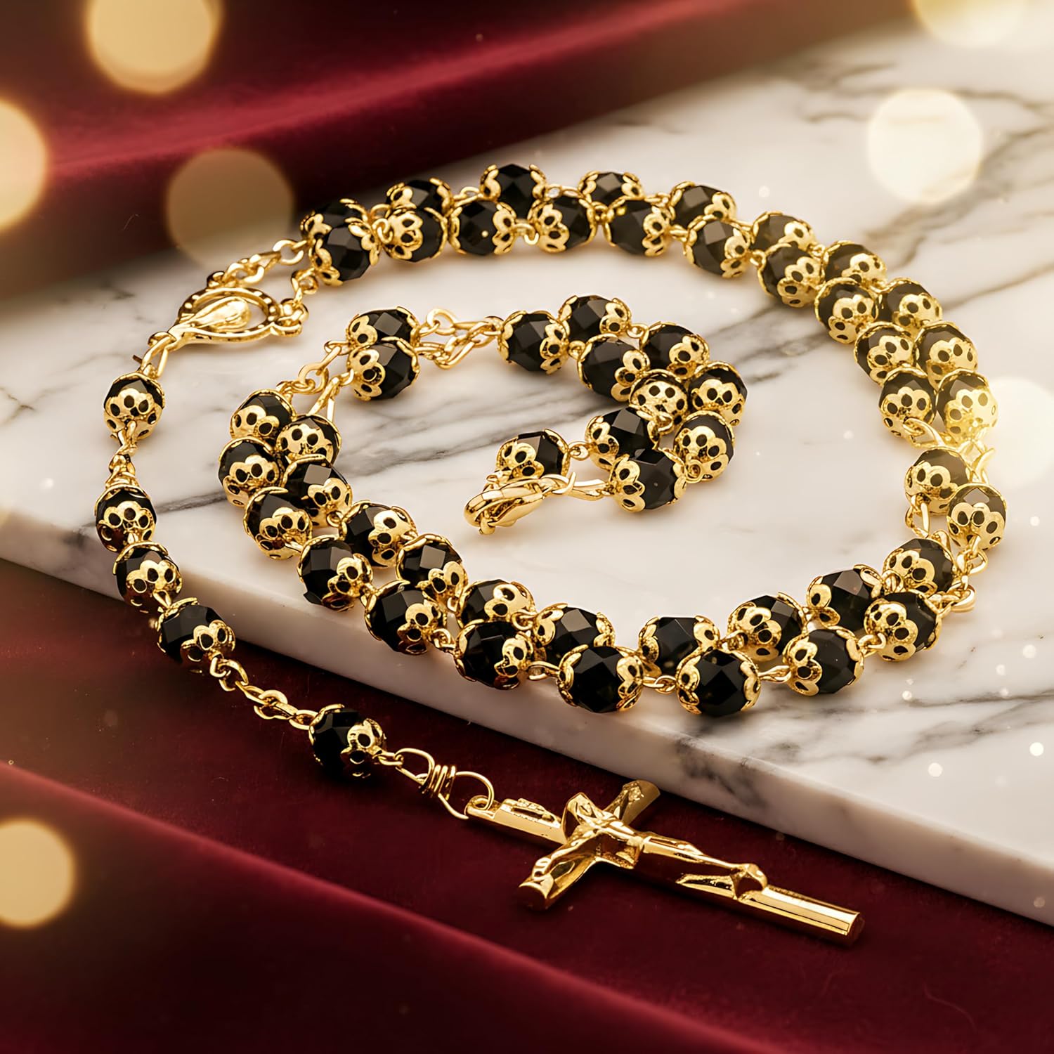 LIFETIME JEWELRY Gold Rosary Crucifix Necklace with Black Crystal Prayer Beads 24K Real Gold Plated - Image 8