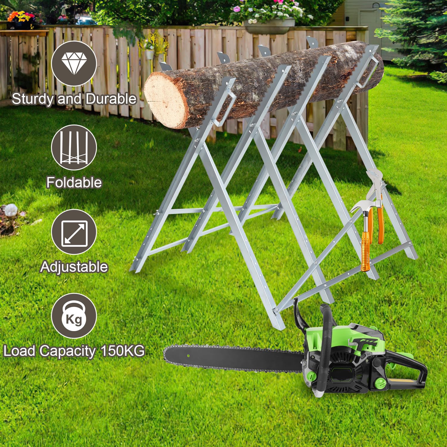 Chevalet de sciage en bois galvanisé - Pliable - Avec support de tronçonneuse - Charge maximale : 150 kg - Convient pour les scieries et ateliers