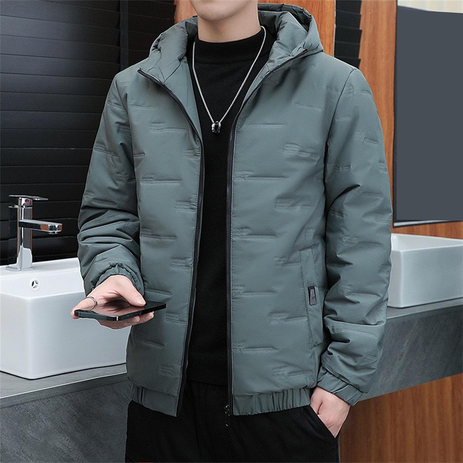 Mens Hooded Bomber Jacket Full Zip Lightweight Casual Windbreaker Windproof Quilted Jacket Warm Winter Padded Coats