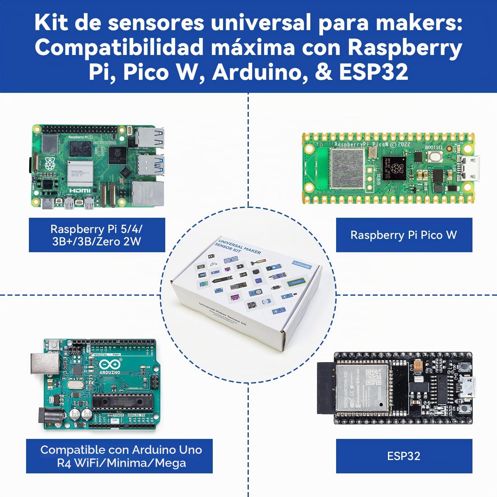 SunFounder Kit de Sensor Universal Compatible con Arduino Mega/R3/R4 Minima/WiFi Nano, Raspberry Pi 5/4B/3B+/Zero 2 W/, Pico W, ESP32, C++, Python, MicroPython, Principiantes e Ingenieros