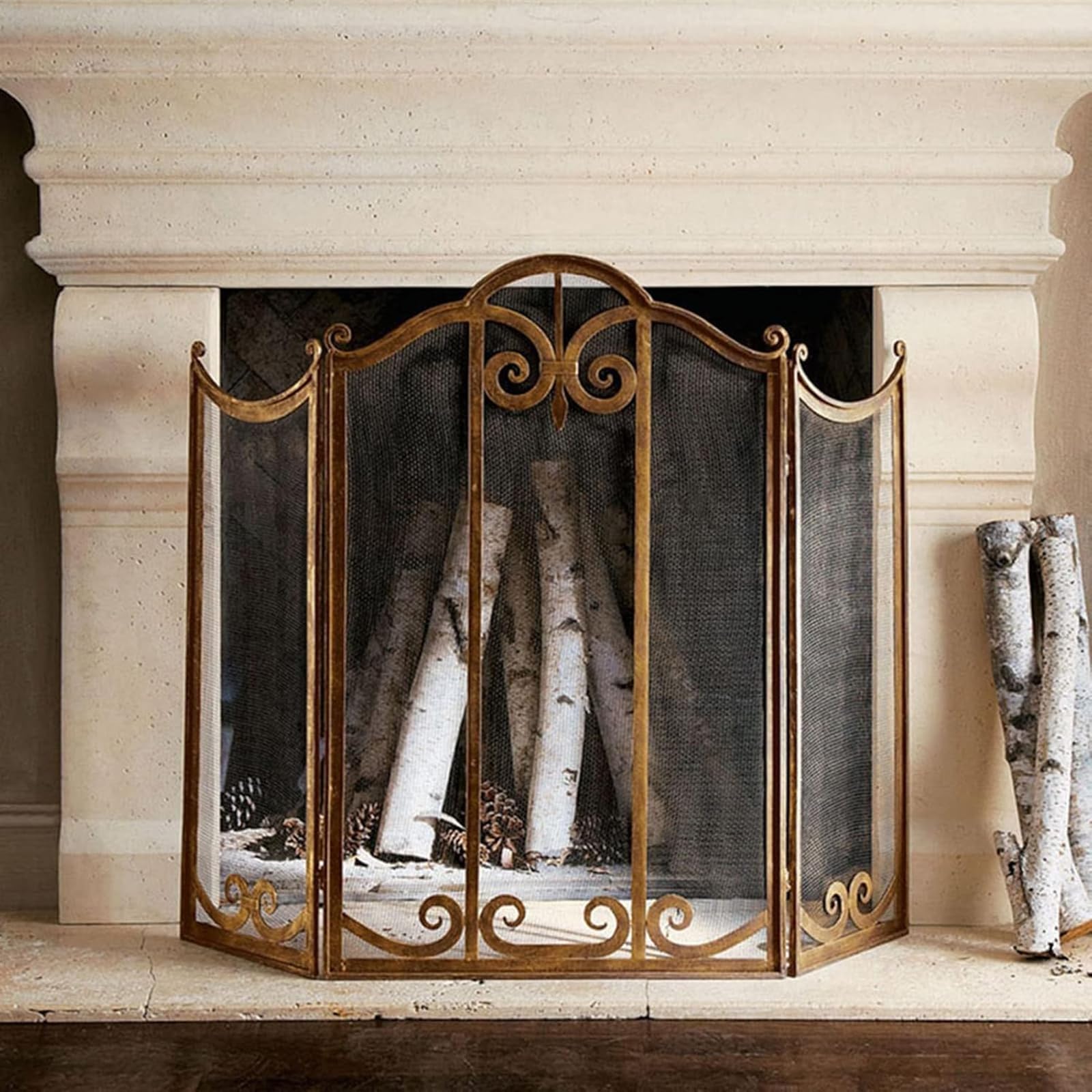 Genérico Salvachispas Chimenea Manto De Chimenea De Latón Vintage Antiguo,Pantalla para Chimenea Plegable autoportante, Acabado Antiguo, Barrera metálica Decorativa contra chispas