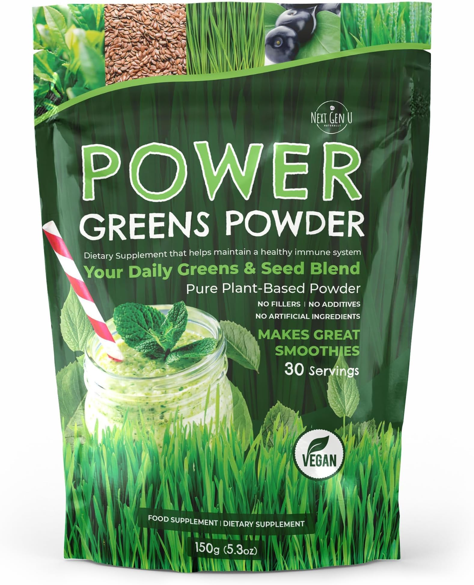Super Greens Powder - 150g - Immune Support - Food Supplement - Superfood Greens - Smoothie Mix for Shakes - Detox & Healthy Boost for Juice Beverages or Any Drink - by NextGenU