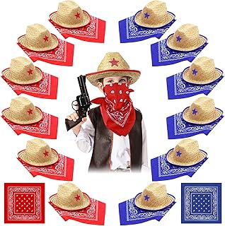 24 Pieces Childs Straw Cowboy Hats with Cowboy Bandannas, Kids Cowboy Hat Cowboy Party Hats Cowgirl Cowboy Party Decorations Boys Girls Rodeo Western Birthday Party Supplies, 6 Red 6 Blue