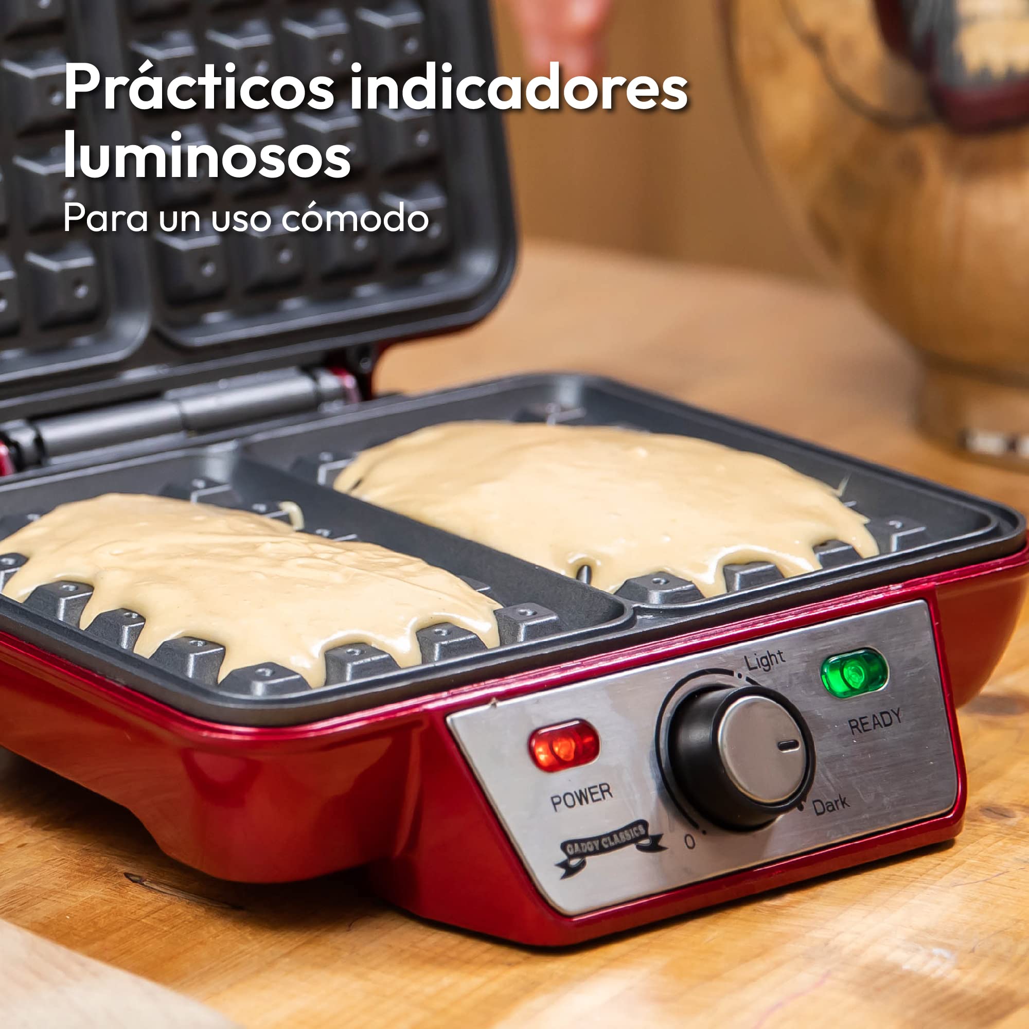 Gadgy Waffle Maker Profesional 1000W – Gofrera Eléctrica con Revestimiento Antiadherente – Tamaño 23x16 cm, Temperatura Ajustable y Indicador LED – Ideal para 2 Gofres Perfectos