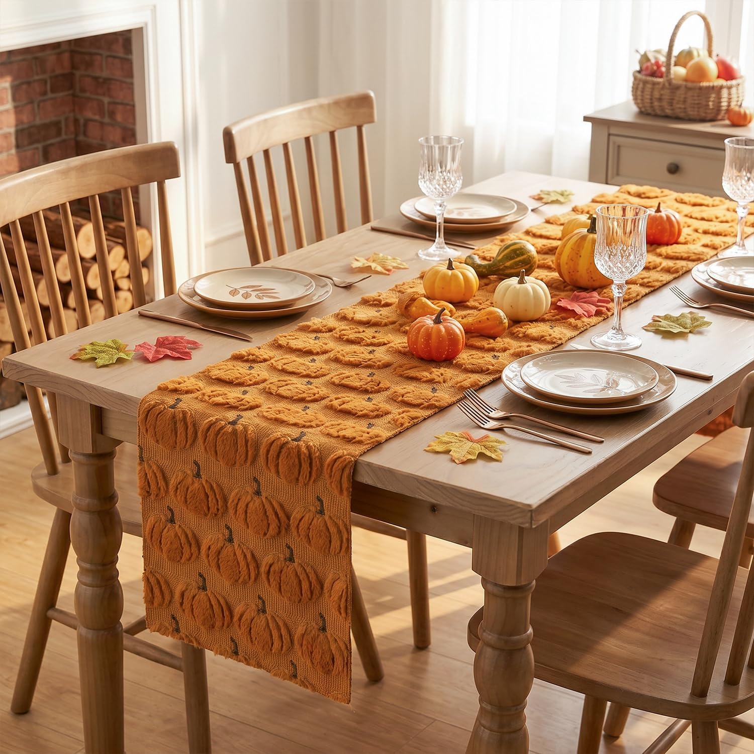 Artoid Mode Caramel Soft Plush Faux Fur Embroidered Pumpkins Fall Table Runner, Seasonal Autumn Thanksgiving Kitchen Dining Table Decoration for Home Party Decor 13x72 Inch