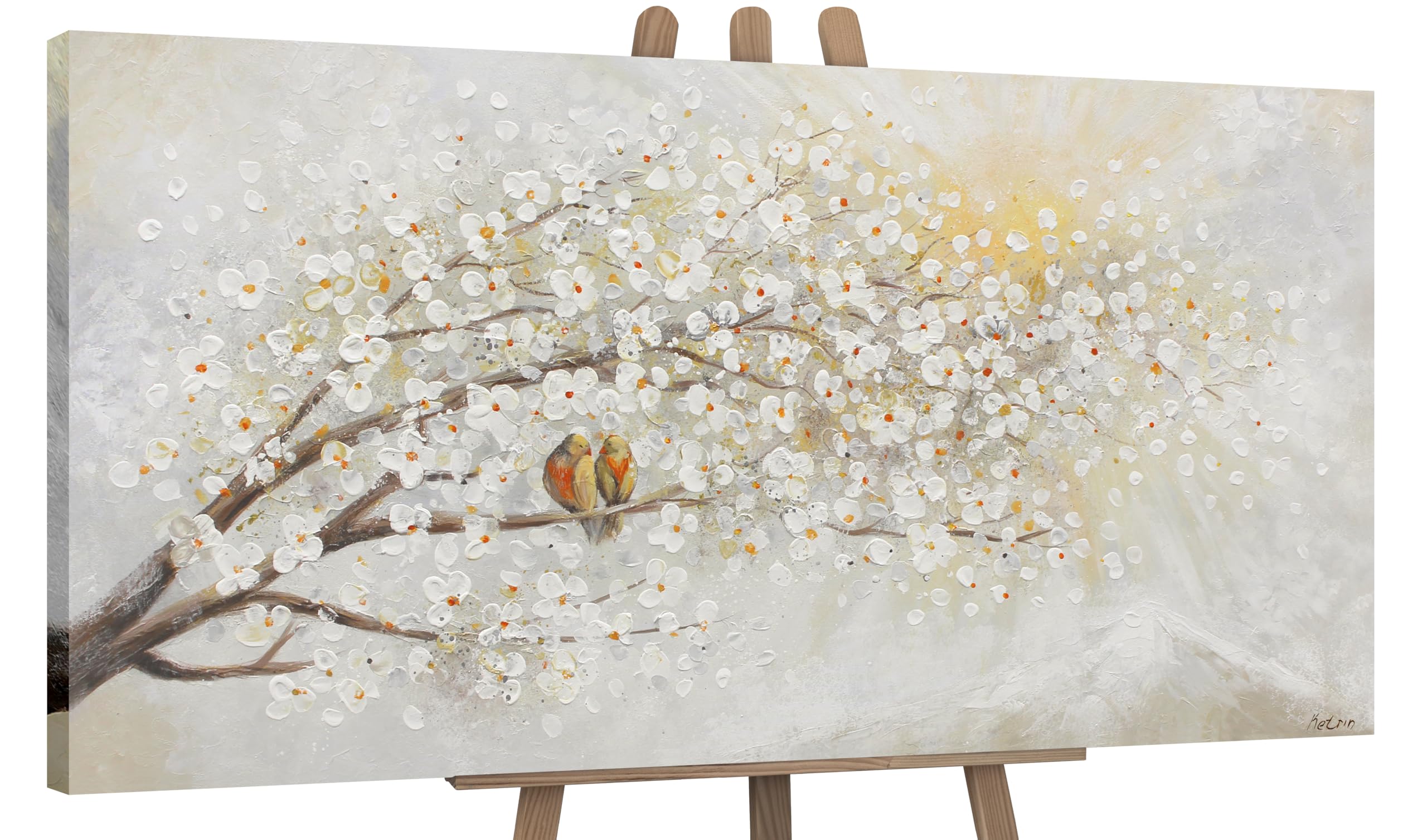 YS-Art Original Handmade Painting – Blossom Tree with Birds, Abstract Nature in White, Beige and Gold, Wall Decor for Bedroom Living Room 40x20 inch