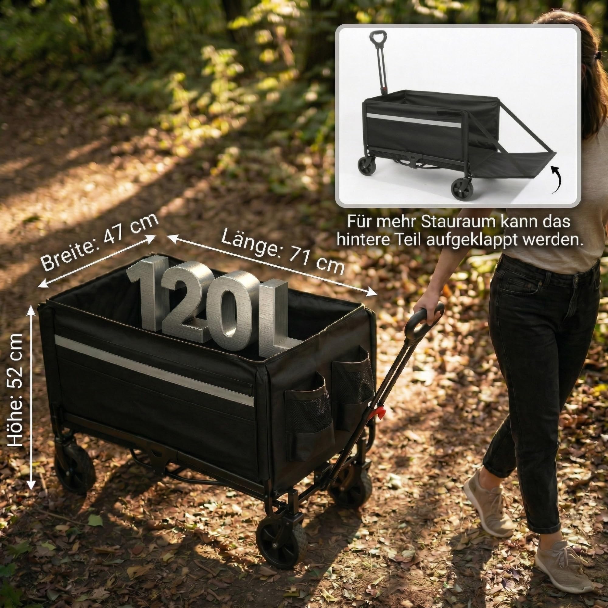 ALBATROS Bolderkar, inklapbaar, 120 liter, opvouwbare transportwagen met flesopener, bekerhouder en opening aan de achterwand, outdoor handwagen met reflecterende strepen voor camping, festival en
