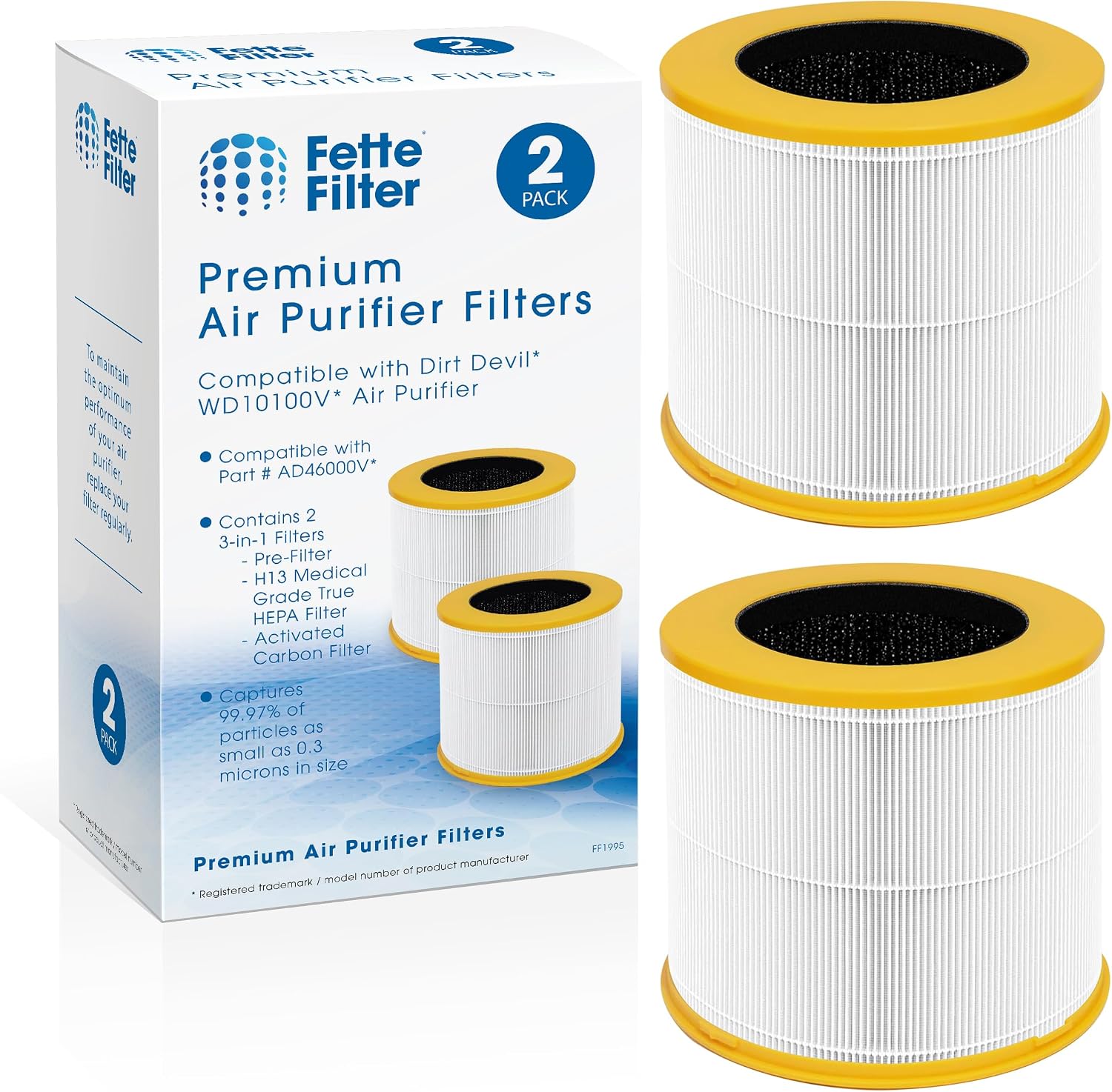 Fette Filter - AD46000V True HEPA H13 Replacement Filter Compatible with Dirt Devil WD10100V Desktop Personal Air Purifier Includes 2 Replacement Filters Compare to Part #AD46000V