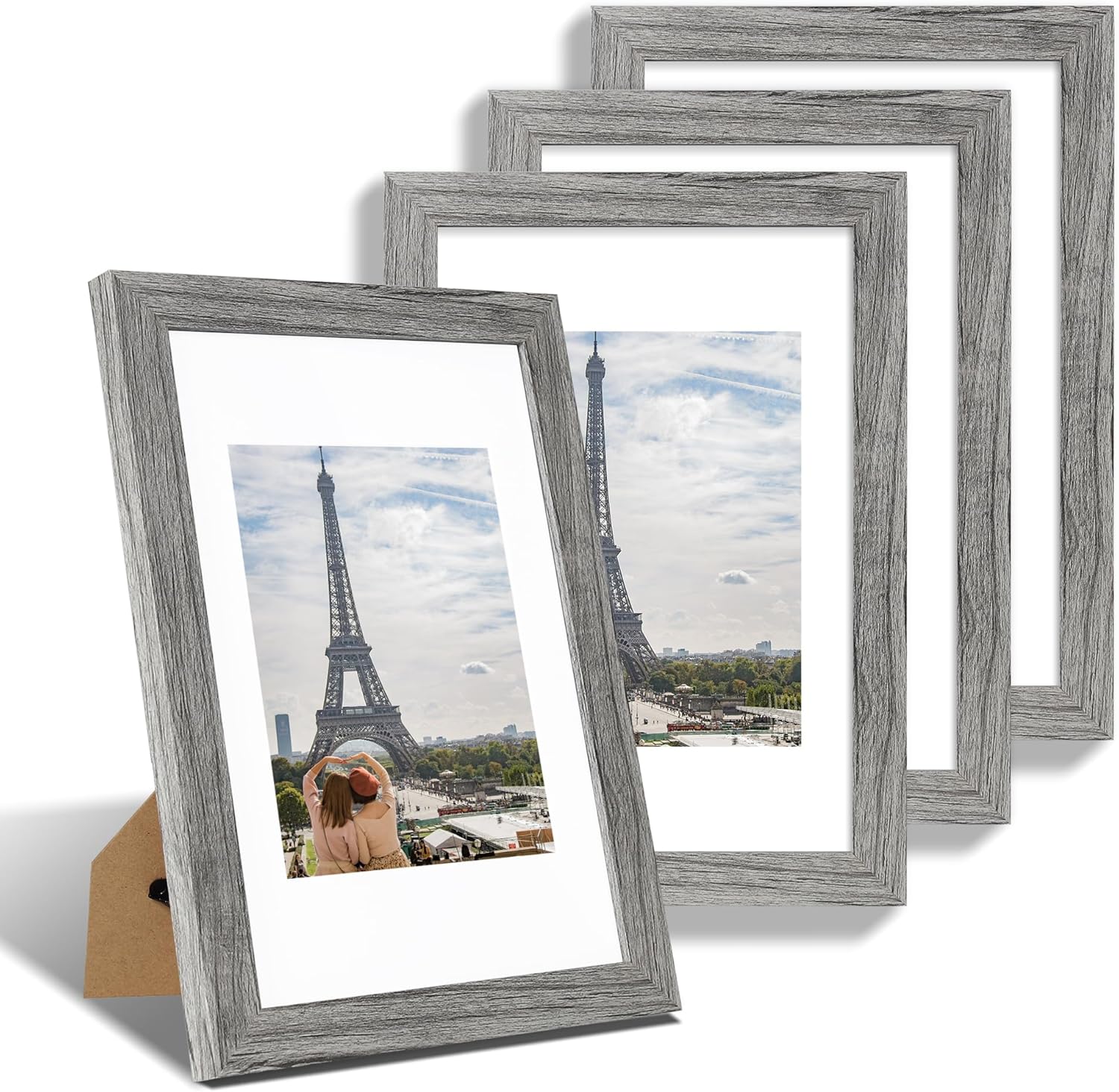 8x12 Picture Frame Set of 4, Made of Glass and Grey Wooden Frame - Display 6x8 Picture with Mat or 8 x 12 Poster Without Mat, 8 by 12 Photo for Wall or Tabletop Grey 8x12 in