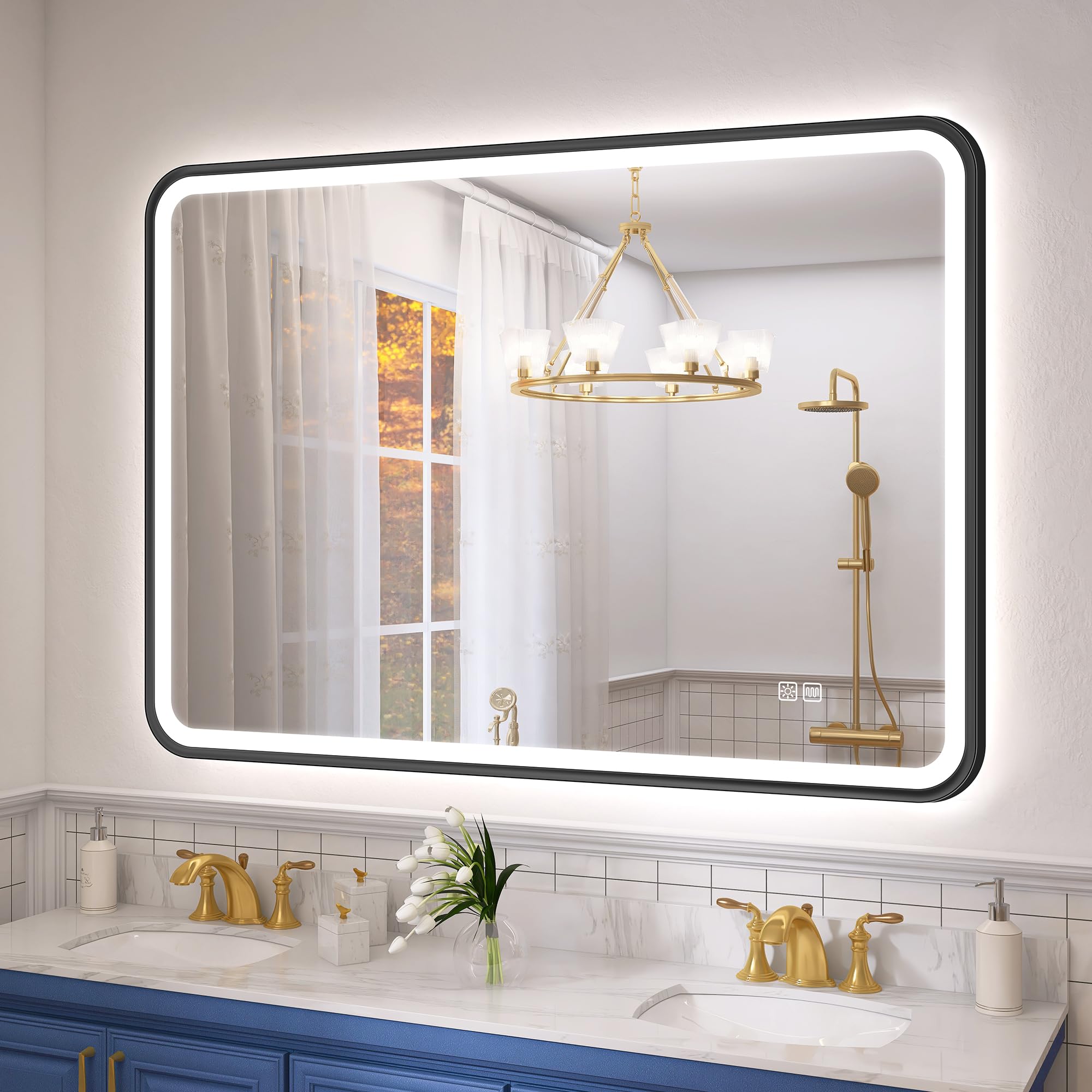 S'bagno Bathroom-Mirror-with-LED-Lights 100x70cm, Bathroom-LED-Mirror with Aluminum Frame, Anti-Fog, 3000-6500K, HD Tempered Glass, IP44 Waterproof, Memory, Horizontal/Vertical, Black — image 1