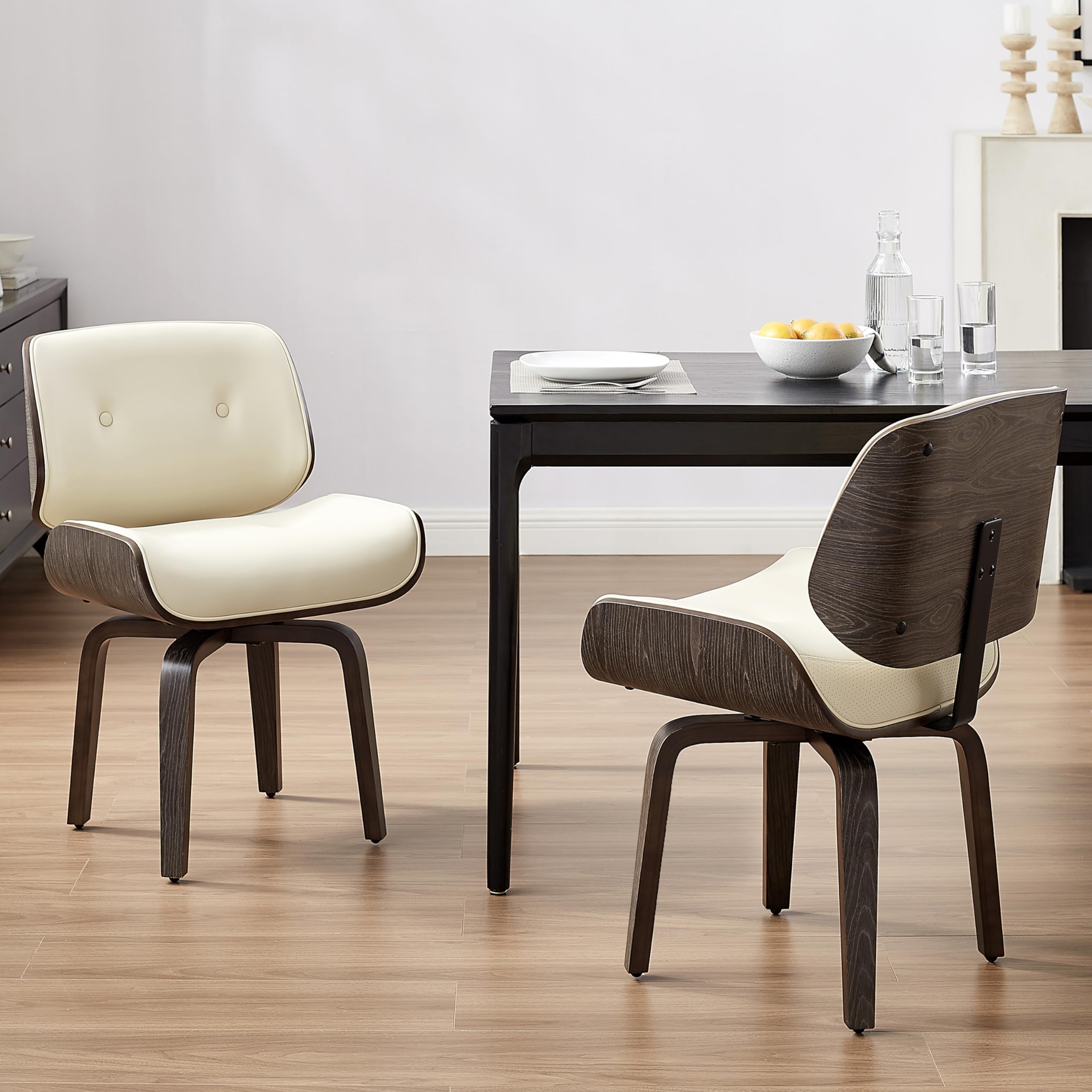 Art Leon Swivel Dining Chairs, Set of 2, Mid Century Modern Kitchen Dining Room Chairs, Faux Leather Upholstered Accent Chairs, Grey Oak Bentwood Chair with Solid Wood Legs, Off White