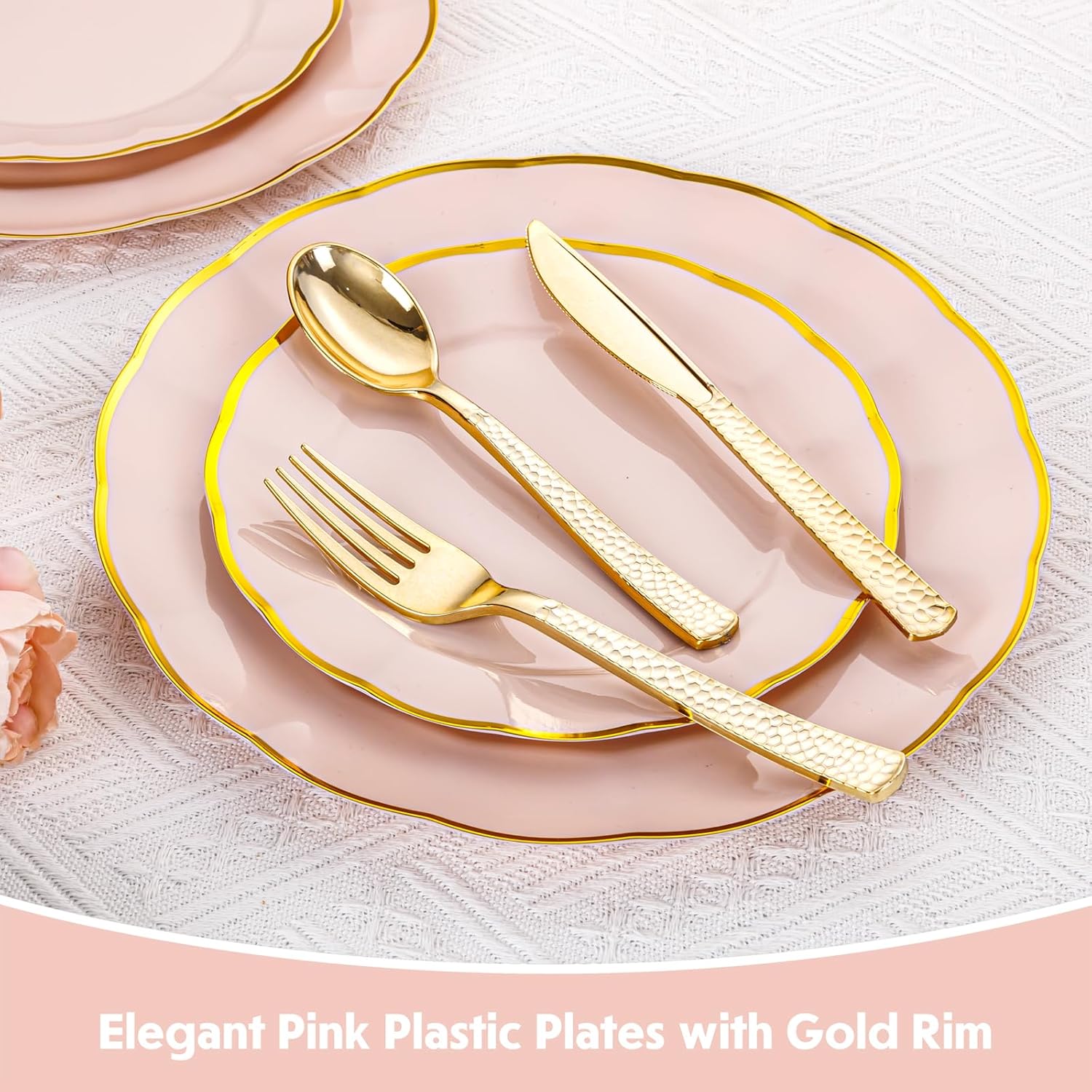 supernal 60pcs Pink and Gold Plastic Plates Fancy Elegant Disposable Scalloped Plastic Plates Heavy Duty Disposable Dinnerware Set for Parties, Bridal Shower,Weddings & Birthdays - Image 9