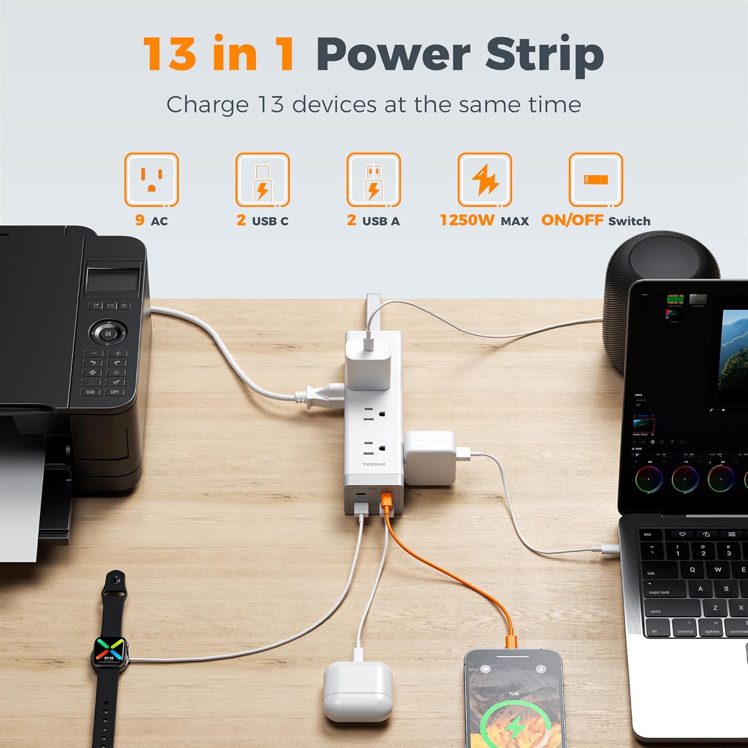 TESSAN Surge Protector Power Strip PD 20W, Ultra Thin Flat Plug 6 FT Extension Cord, 9 Outlets 4 USB(2 USB C), 1050J Protection Multiple Outlets Charging Station for Home, Office, College Dorm Room