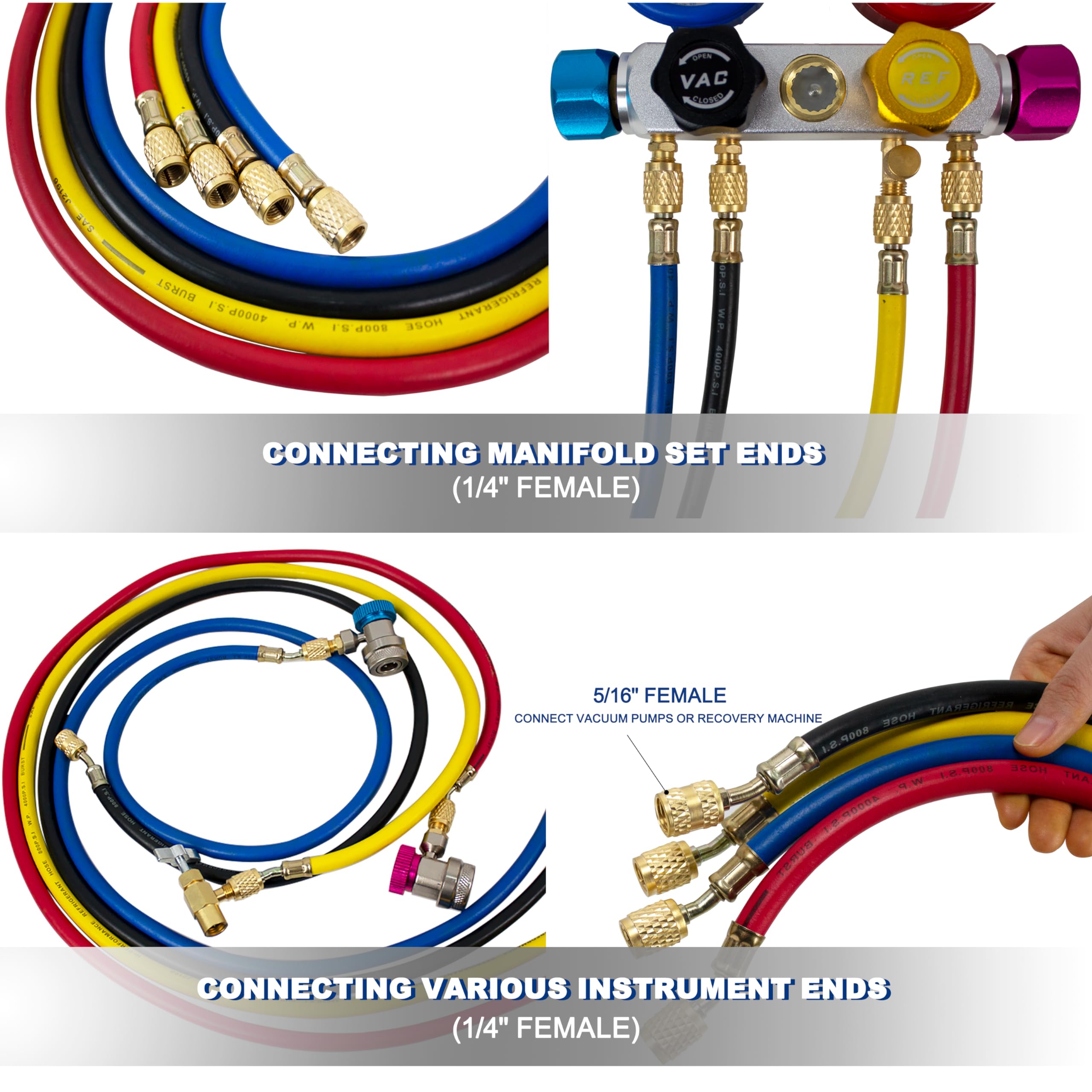 BACOENG Set Manometri Condizionatori 4 Vie, Kit Ricarica Aria Condizionata Auto con 1.5m Tubi per Auto Strumenti Diagnostici, Manifold Gauge Kit per R134A R410A R32 Refrigerante