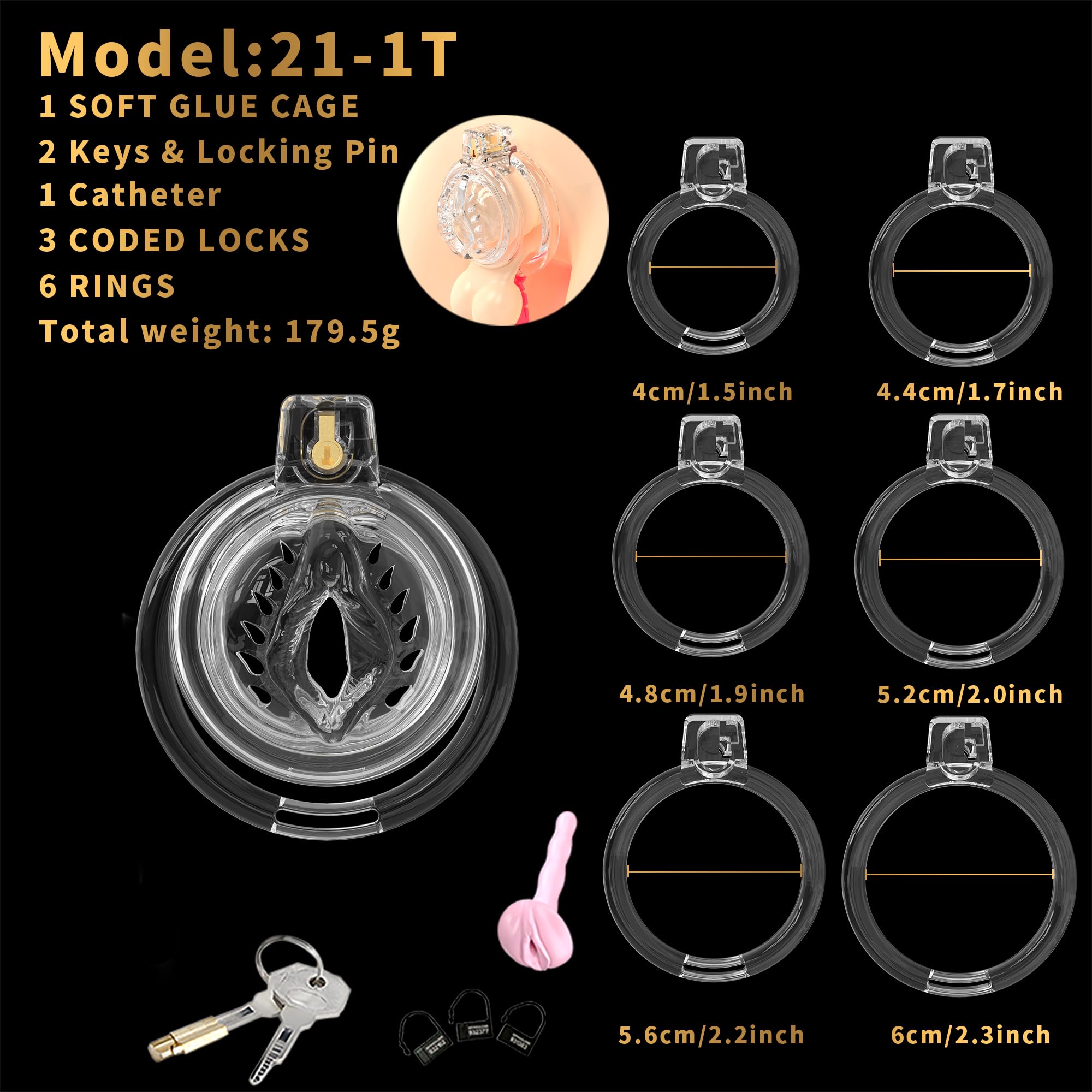 Cage légère de chasteté masculine avec cage de bite en silicone doux et appareil de chasteté de 6 tailles pour hommes à long terme et contrôle de l'érection
