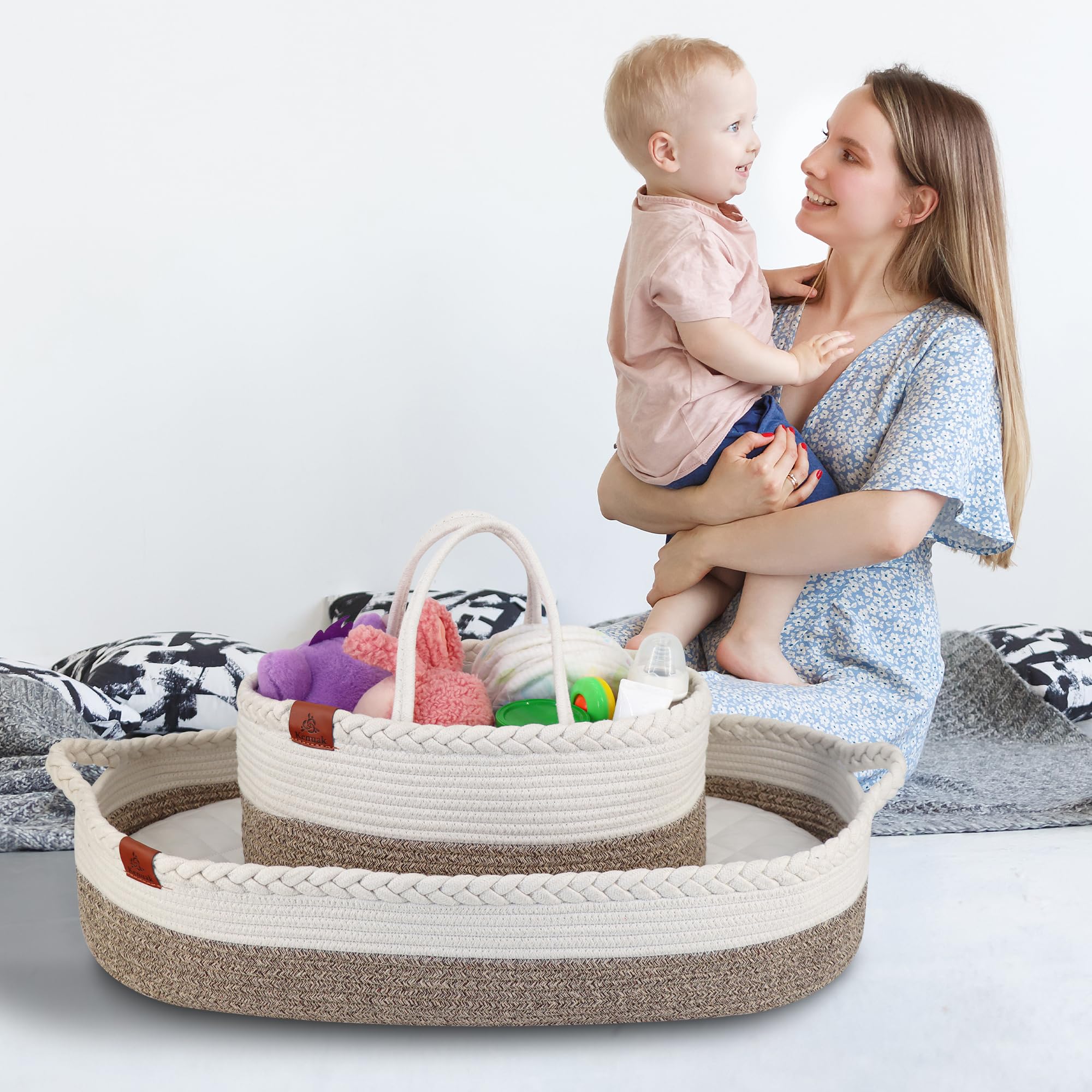 Cesta Fasciatoio per Bambini, Cestino per Neonati Portatile con Materasso Impermeabile, Cestino Fasciatoio con Materasso Impermeabile e Rivestimento Sfoderabile, Moses Cestino (terre)
