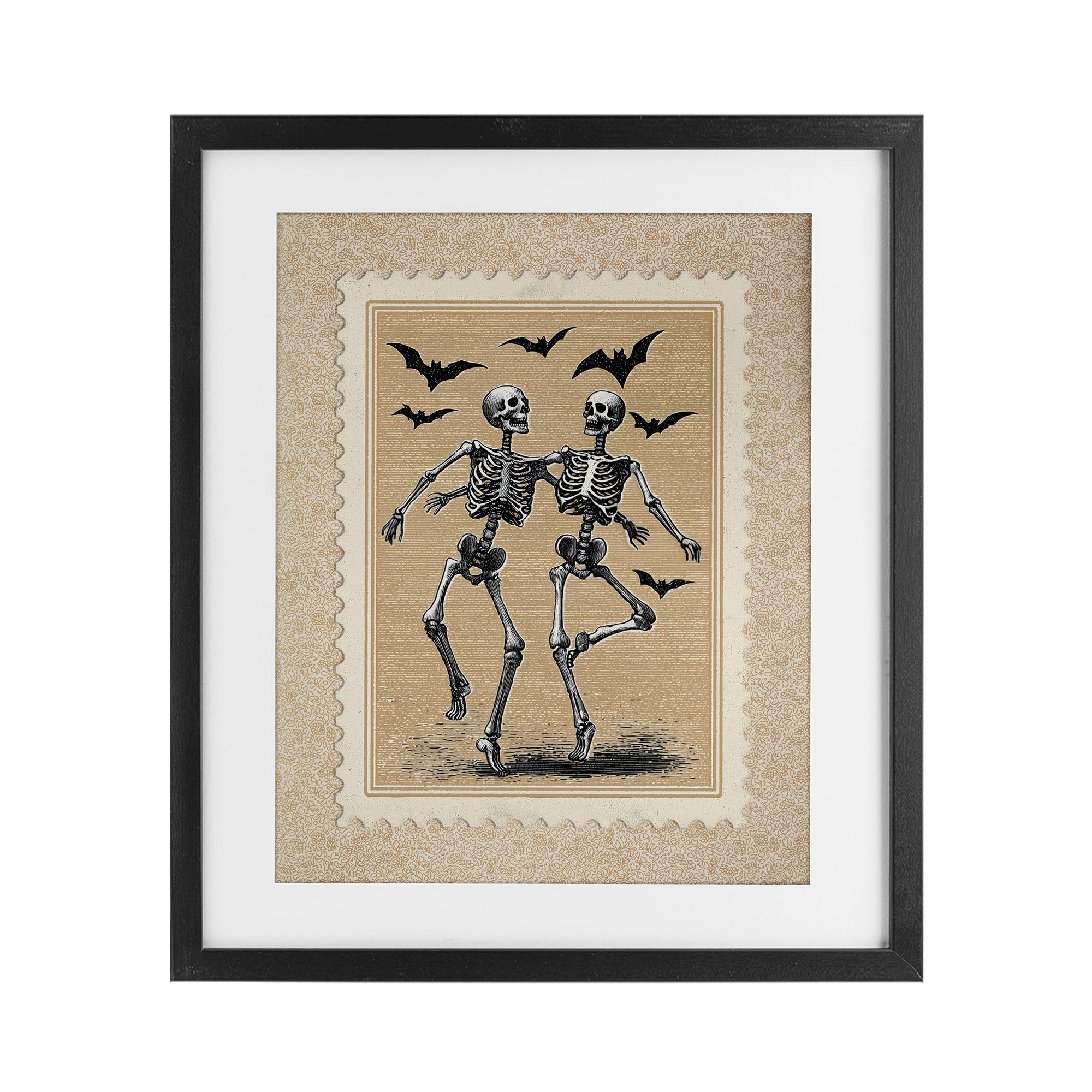 Stupell Industries Vintage Dancing Skeletons Stamp Black Framed Print Under Glass, design by Arlington Prints, 16 x 13