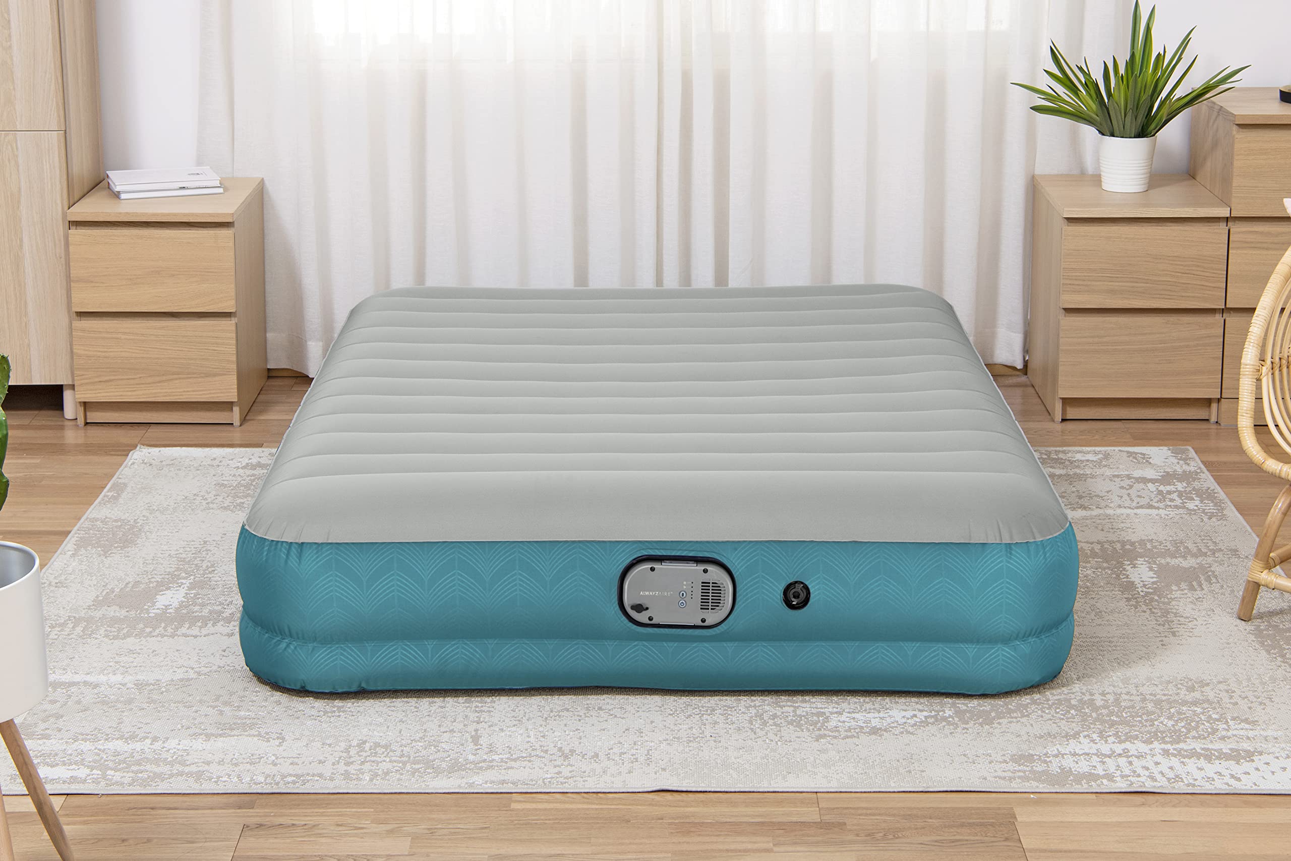 Bestway AlwayzAire Fortech łóżko dmuchane z podwójną pompą zasilaną akumulatorem, Double XL/Lo, 203 x 152 x 36 cm, turkusowe
