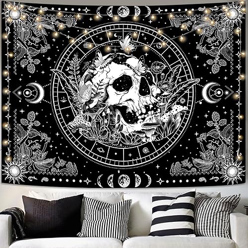 Aipon Tapiz de esqueleto blanco y negro, tapiz de hongos con calavera, hippie, plantas naturales, flores florales, tapiz estético para colgar en la