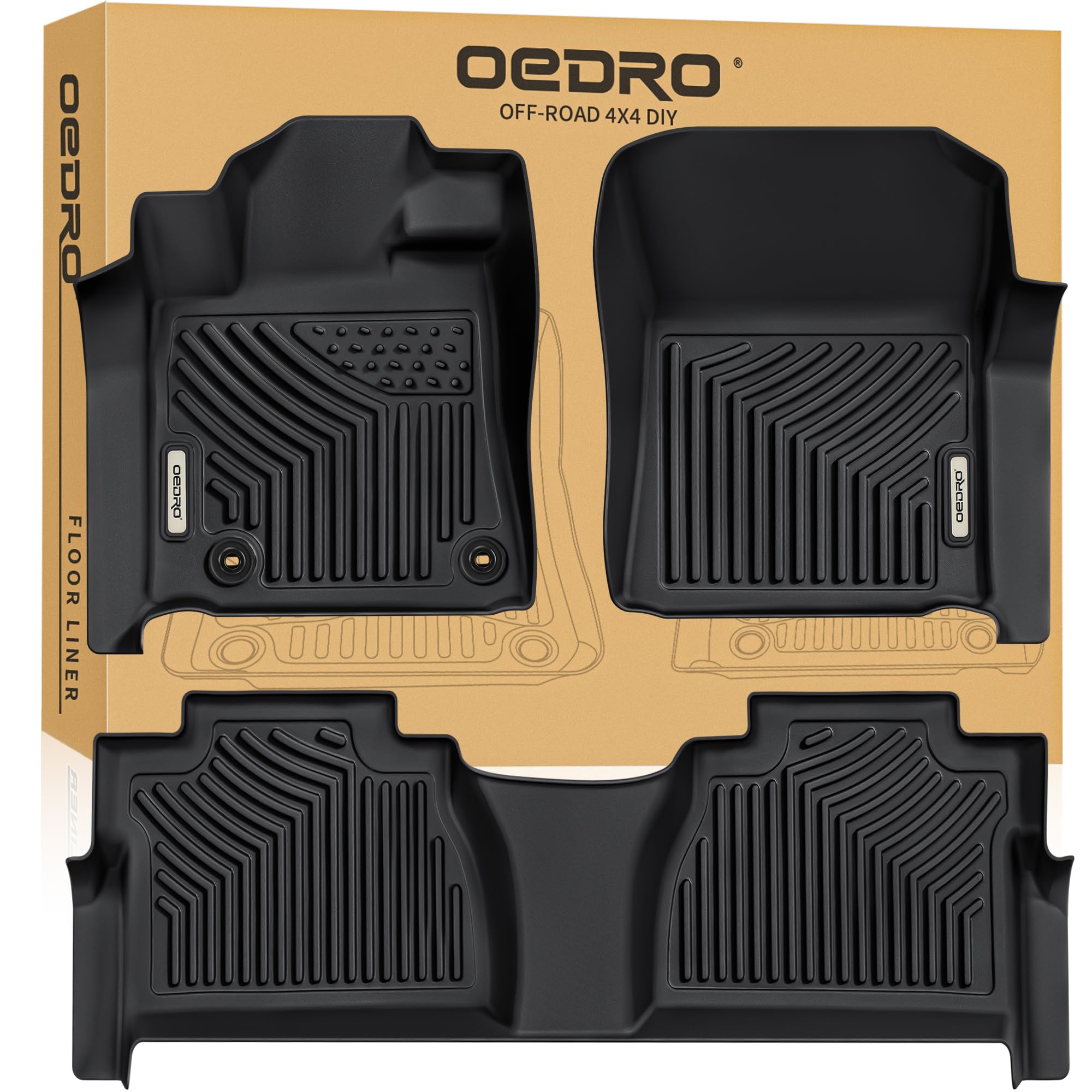 OEDRO Floor Mats Fit for Toyota Tundra 2014-2021 CrewMax Cab/Double Cab, TPE All Weather Tundra Floor Liners Custom Fit 1st & 2nd Row Car Mats, Black