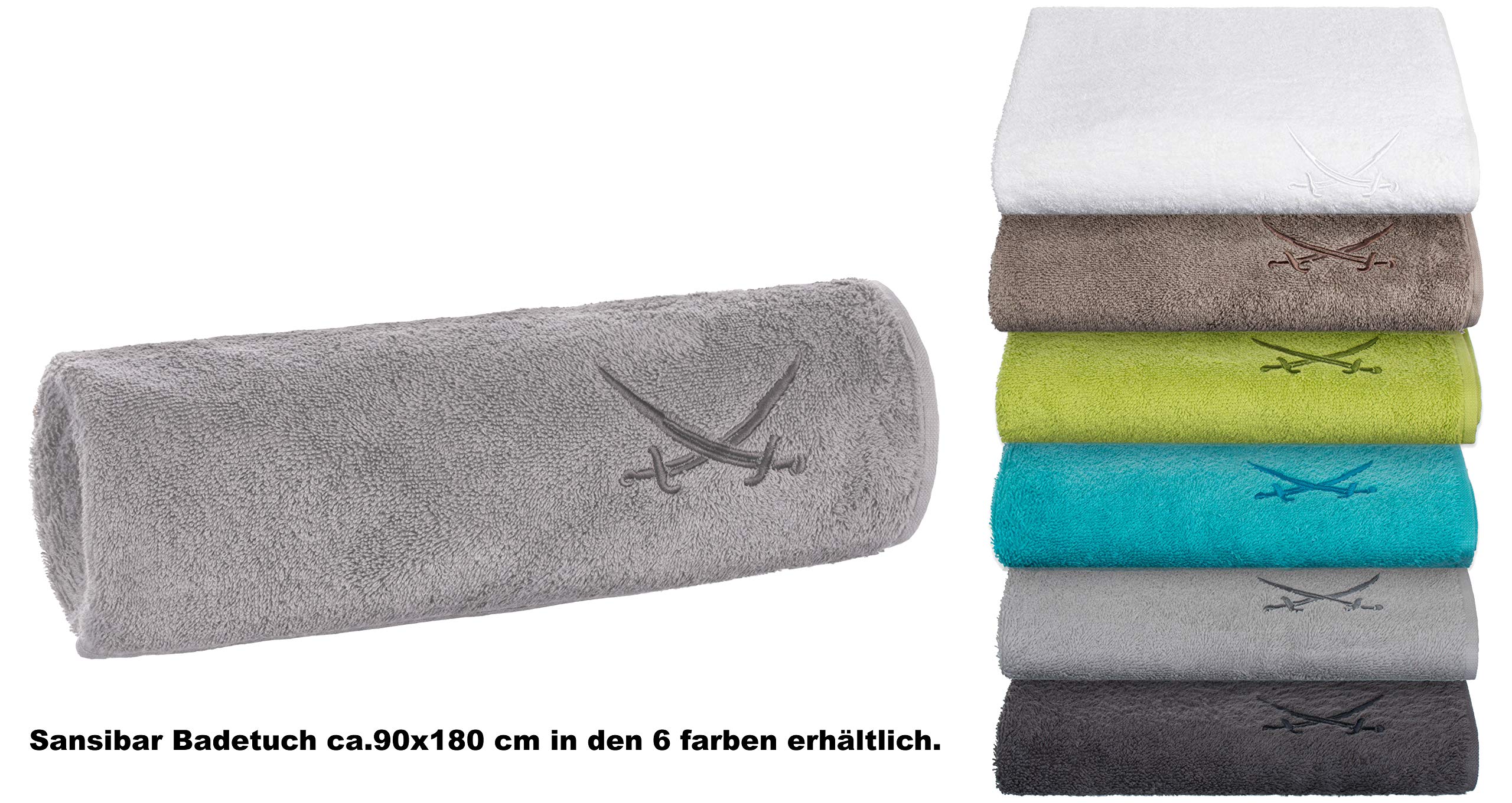 Sansibar Badetuch 90x180 cm – saugstarkes Strandtuch/Saunatuch aus Baumwolle – Oeko-TEX zertifizierter Frottee – Sylt-Design mit gesticktem Säbel-Logo – Silber