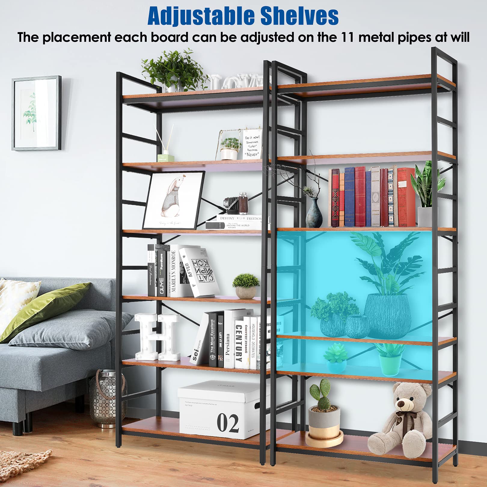 Devo 6 Tier Bookshelf Adjustable Bookcase Industrial Storage Shelves